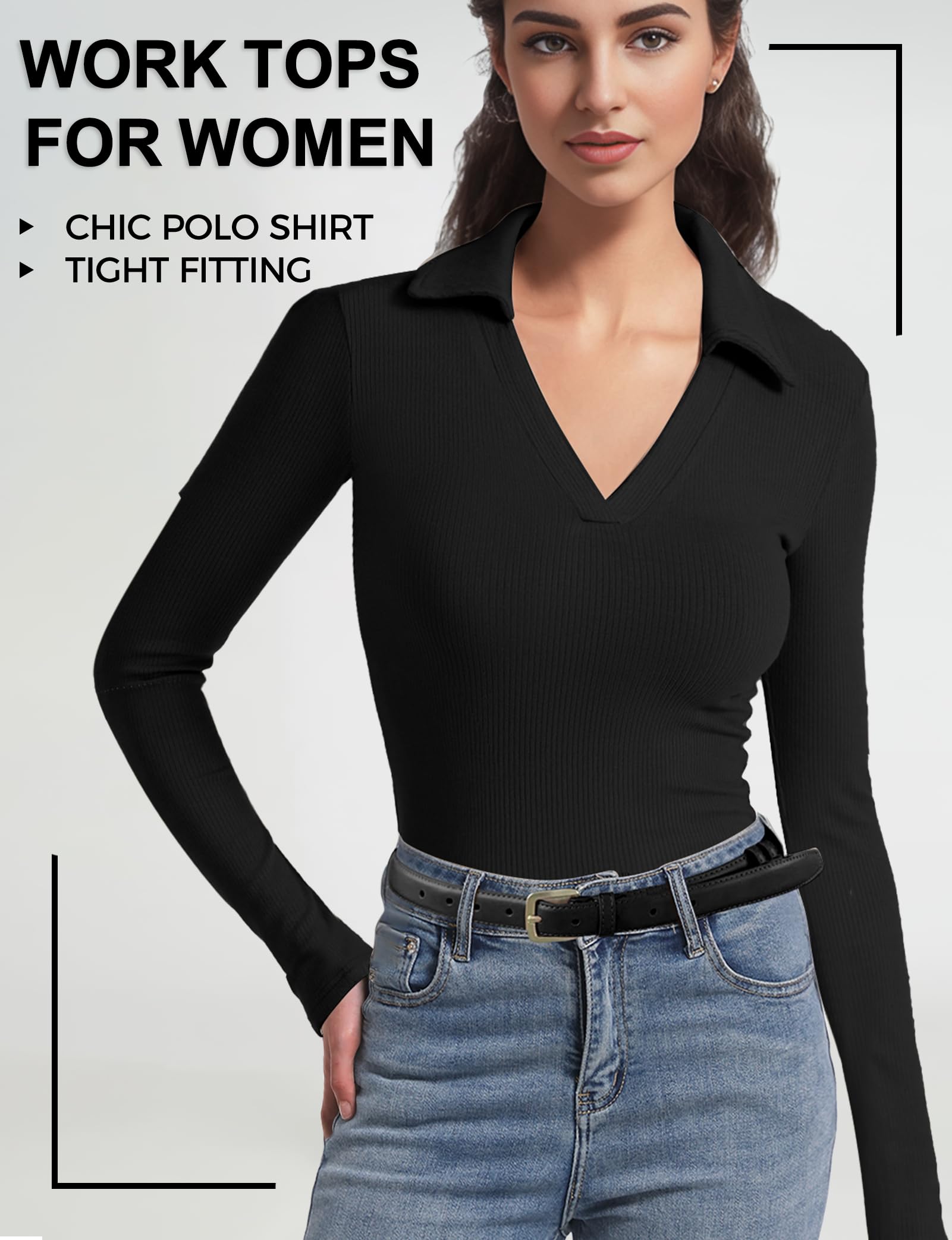 Women's Long Sleeve V-Neck Polo Shirts - Business Casual Work Tops, Slim Fit Collared Shirts for Office & Fall Outfits | Perfect for Workwear, Business Meetings & Smart Casual Occasions