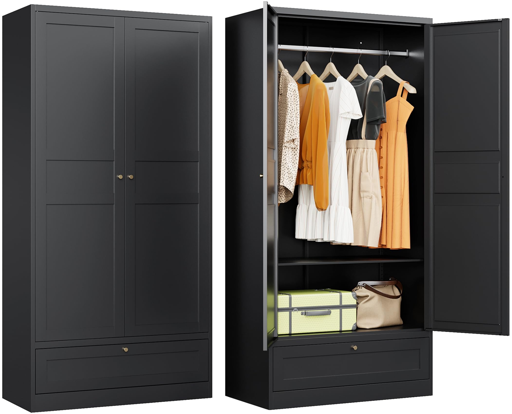 Black Metal Wardrobe Cabinet with Doors & Drawer - Adjustable Shelves & Hanging Rod for Bedroom Closet Storage | Home Organization & Clothing Armoire for Small Spaces