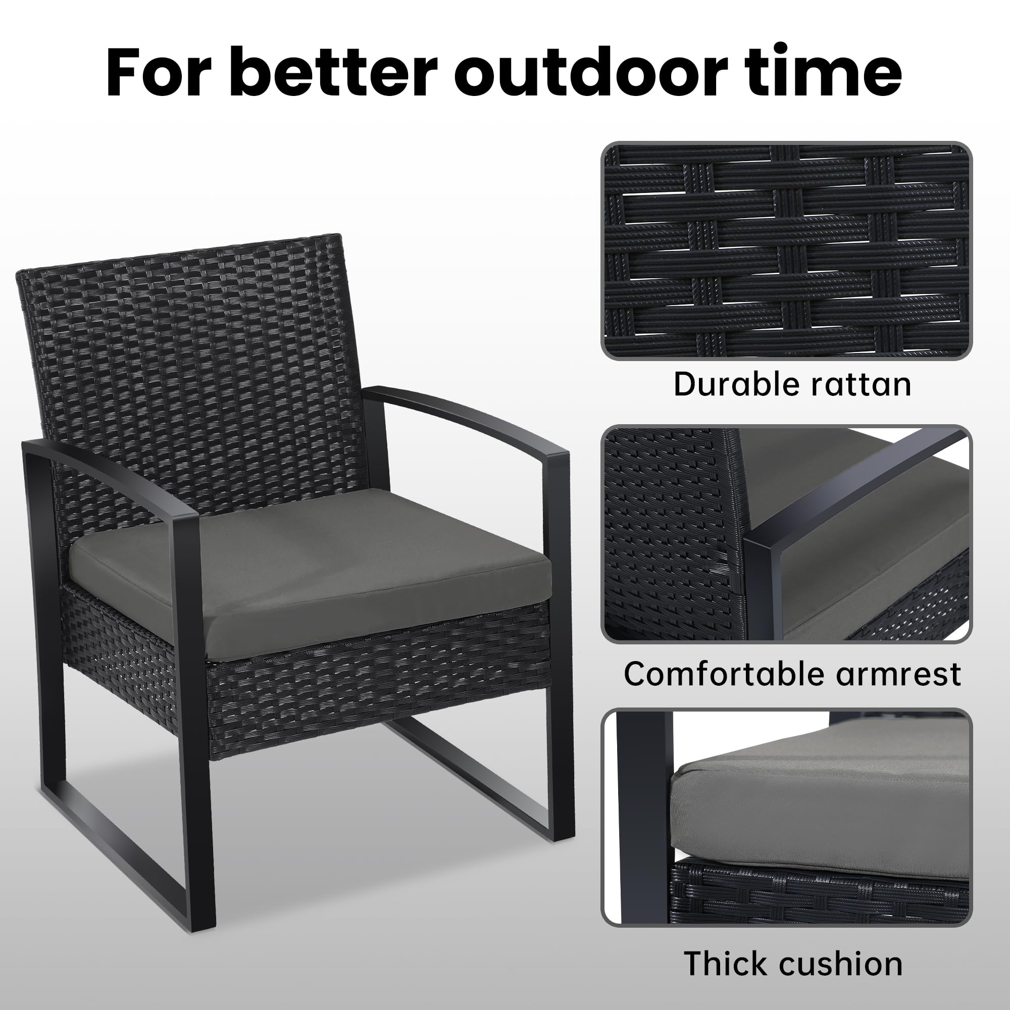 3-Piece Outdoor Wicker Bistro Set with Table & 2 Chairs - Black Frame & Gray Cushions for Patio, Porch, Balcony - Perfect for Relaxing, Entertaining & Outdoor Dining