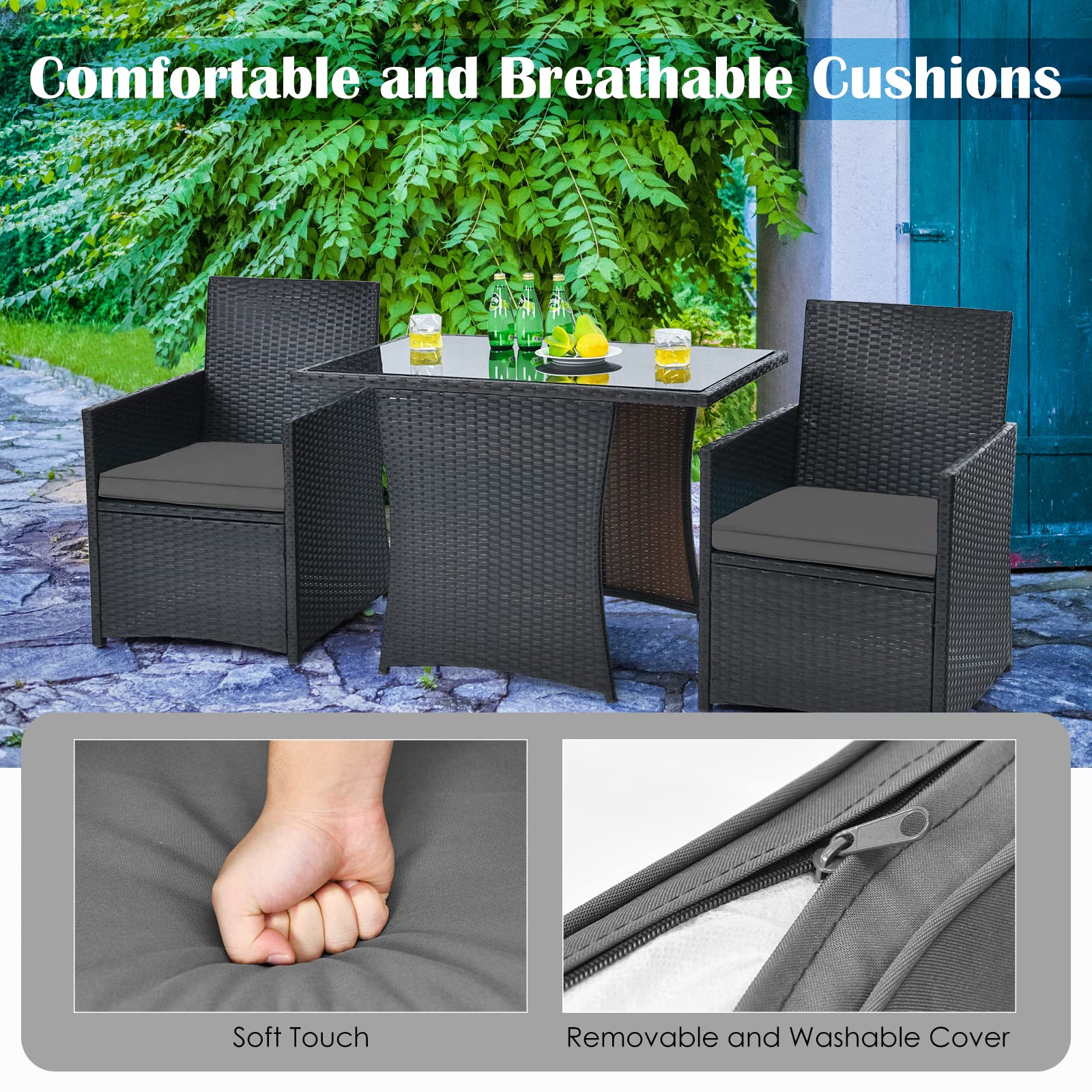 HappyGrill 3-Piece Outdoor Wicker Bistro Set - PE Rattan Dining Table with Cushioned Chairs, Patio Conversation Furniture for Backyard, Porch, Garden & Poolside - Perfect for Outdoor Dining & Relaxing