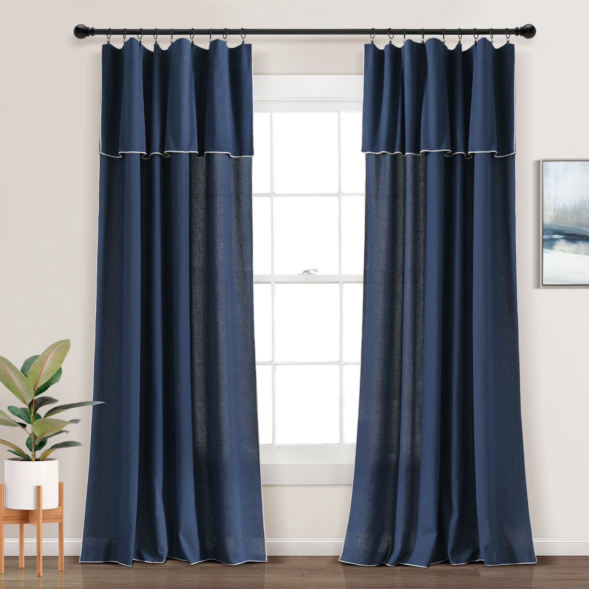 Modern Faux Linen Embroidered Edge Window Curtain Panel Set with Attached Valance - Elegant Home Decor for Living Room, Bedroom & Dining Room
