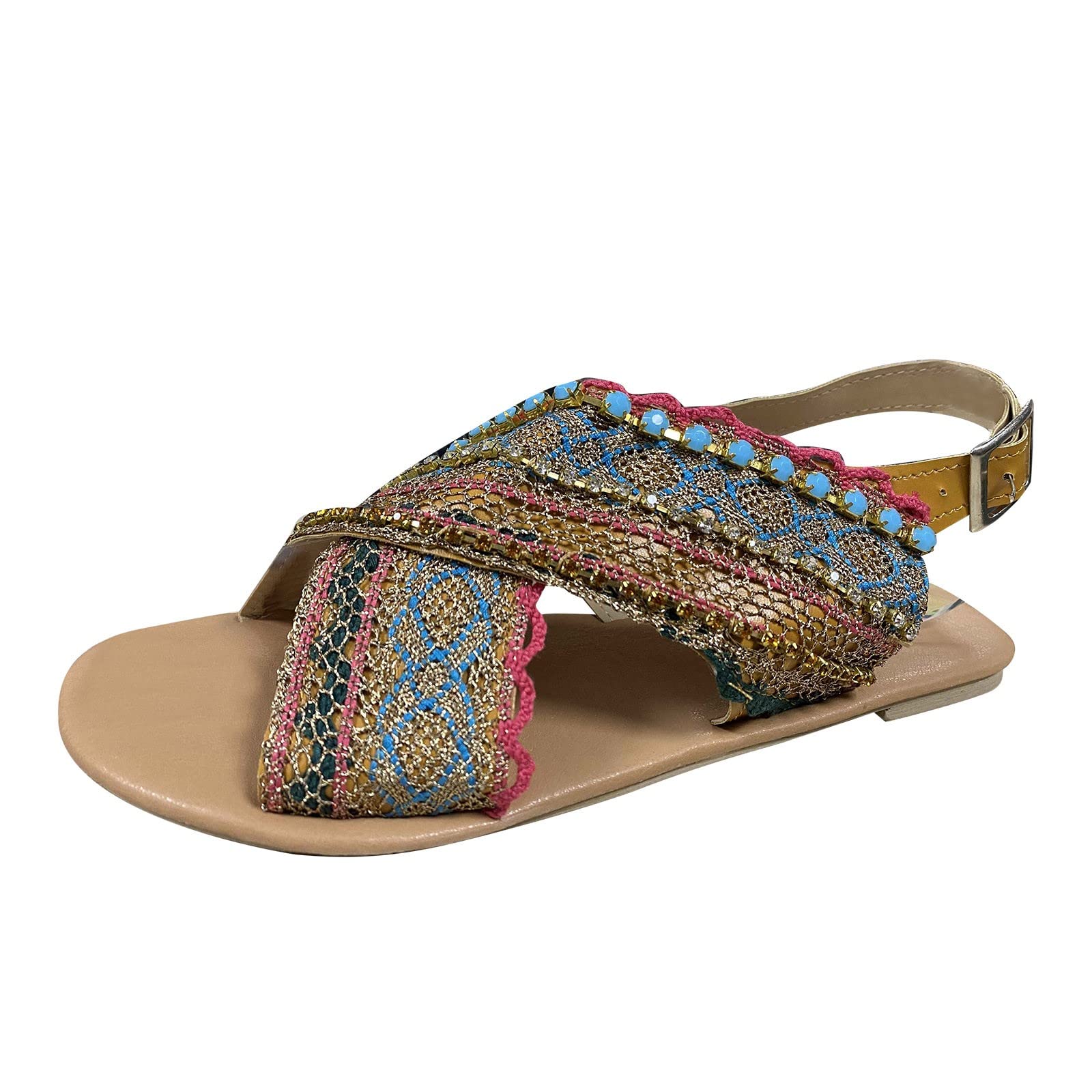 Stylish Rhinestone Flat Sandals for Women - Fashionable Buckle Strap Summer Slippers in Brown (Size 8.5) | Perfect for Beach, Vacation & Casual Outings