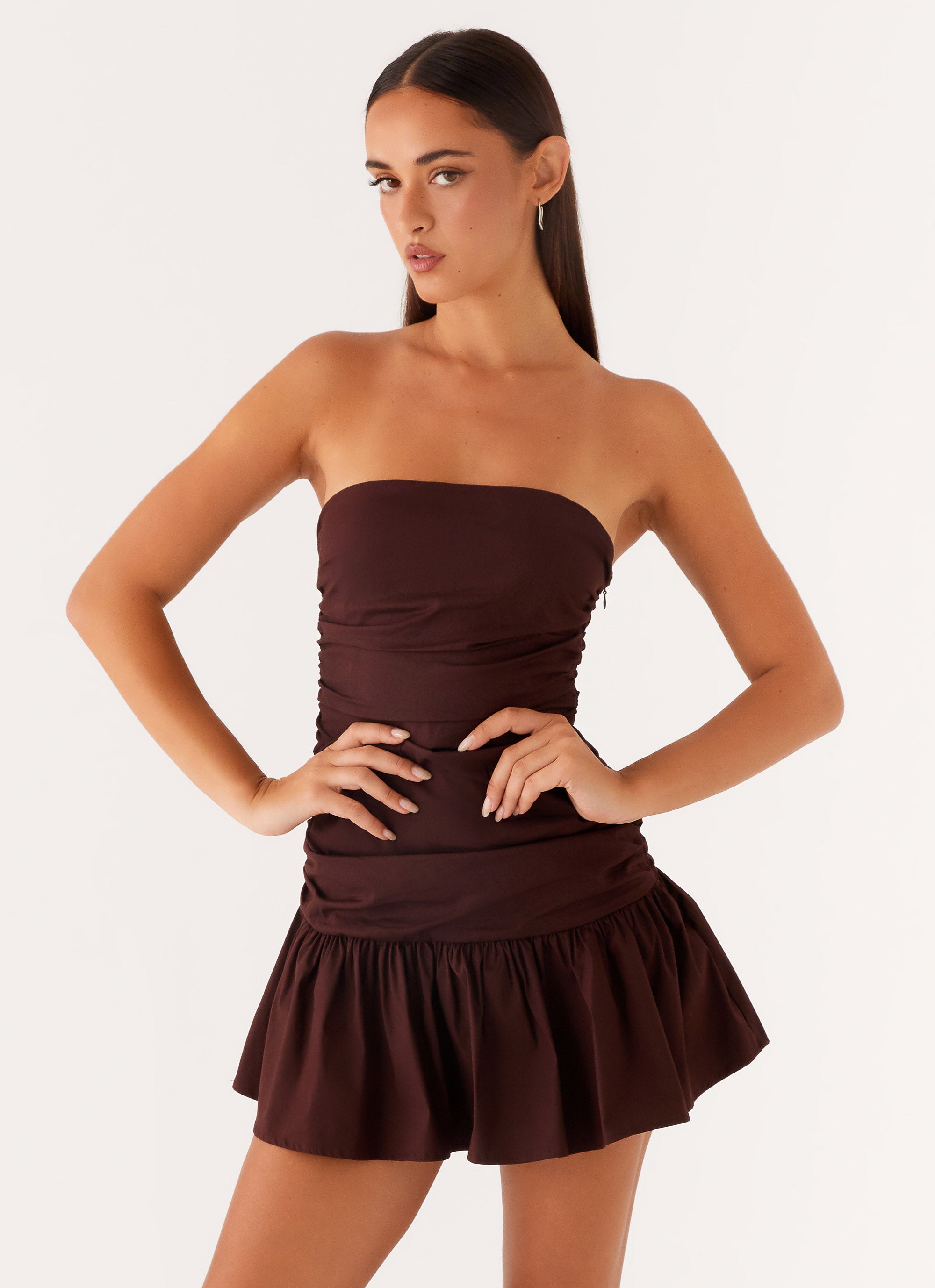 Carmel Mini Dress - Elegant Chocolate Brown Women's Party Dress for Evening Events & Date Nights