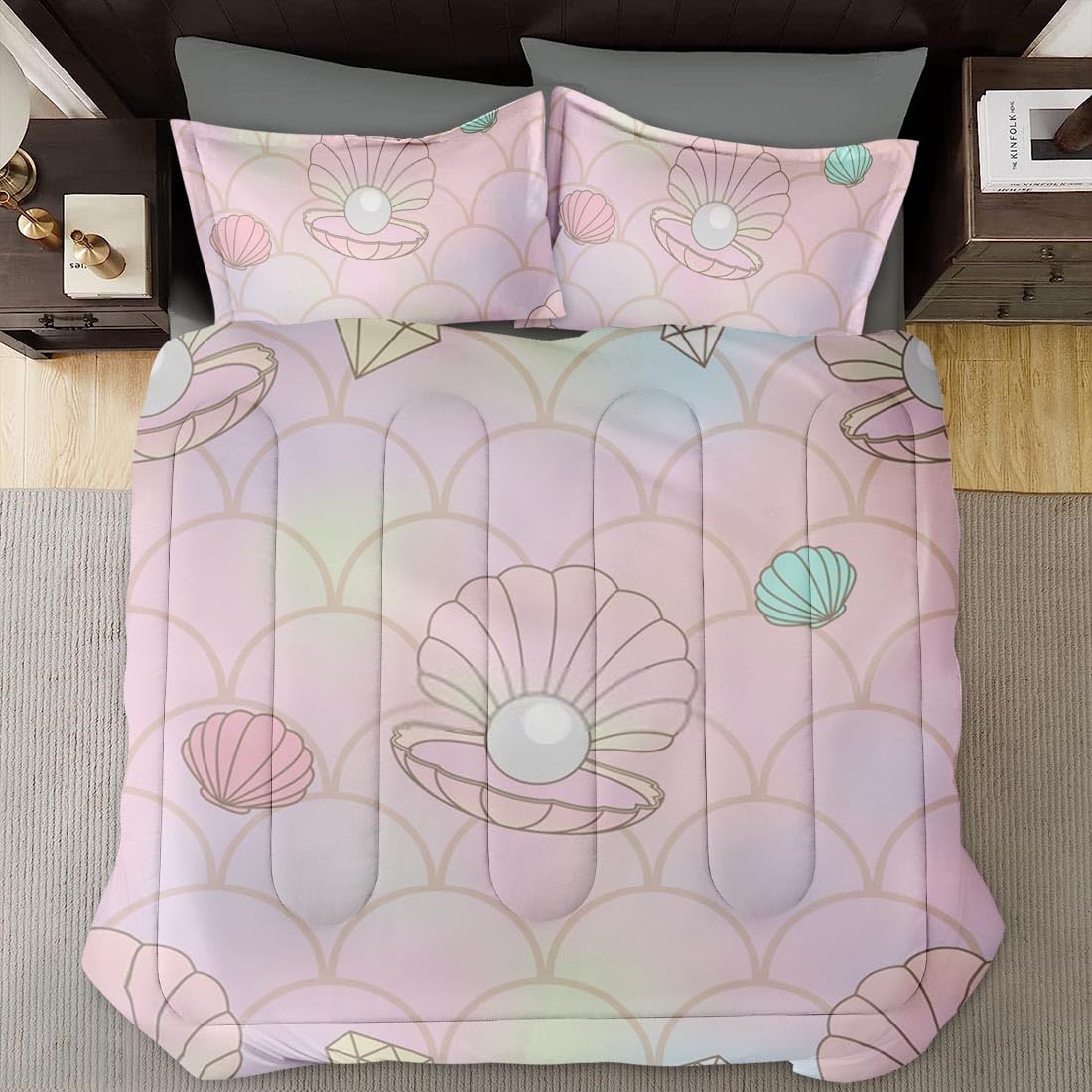 **King Size Mermaid Seashell Comforter Set - Soft Pink Ocean Bedding for Kids & Adults, Includes 2 Pillowcases - Perfect for Bedroom Decor & Coastal-Themed Rooms**