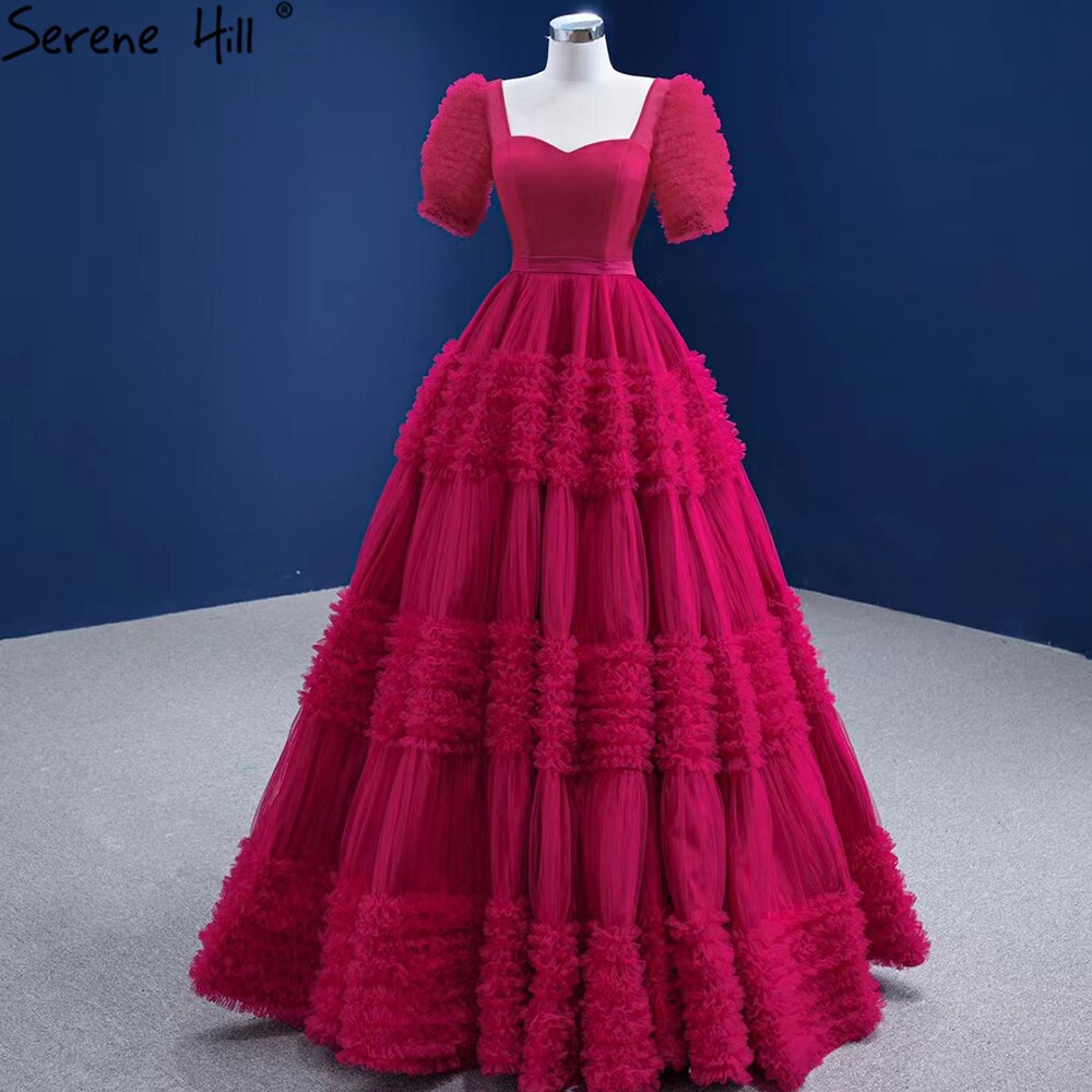 Elegant Red Puff Sleeve Wedding Dress 2025 - Lace Up Ruffled Bride Gown HM67361 | Custom Made A-Line Bridal Gown for Romantic Weddings & Photoshoots