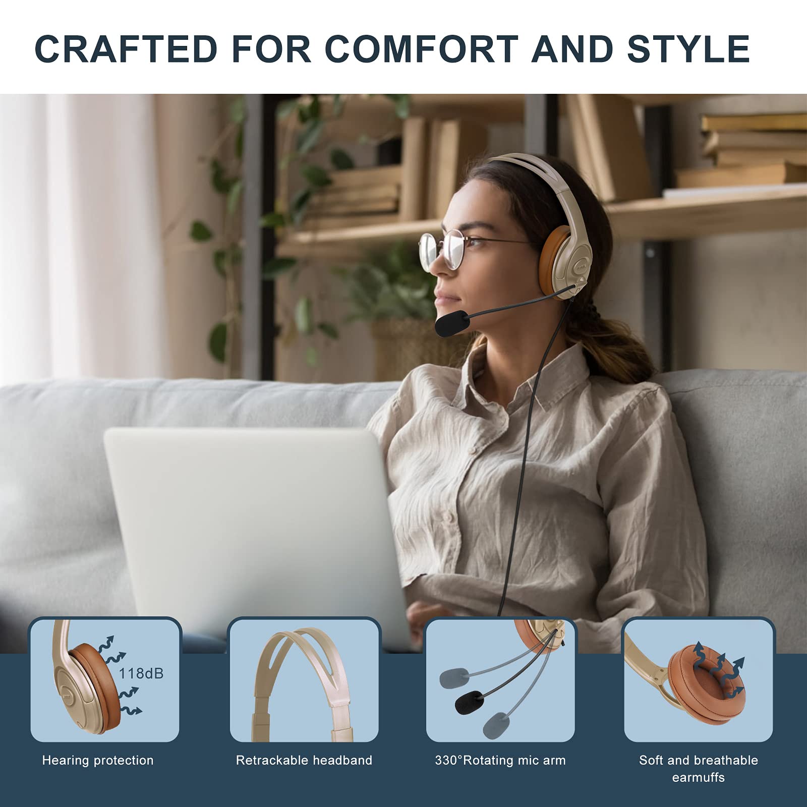 Premium USB Headset for Zoom & Microsoft Teams Meetings - Noise-Canceling Over-Ear Headphones with Mic Mute Button & Volume Control - Ideal for Video Conferencing, Remote Work & Dragon Speech Recognition (Gold)