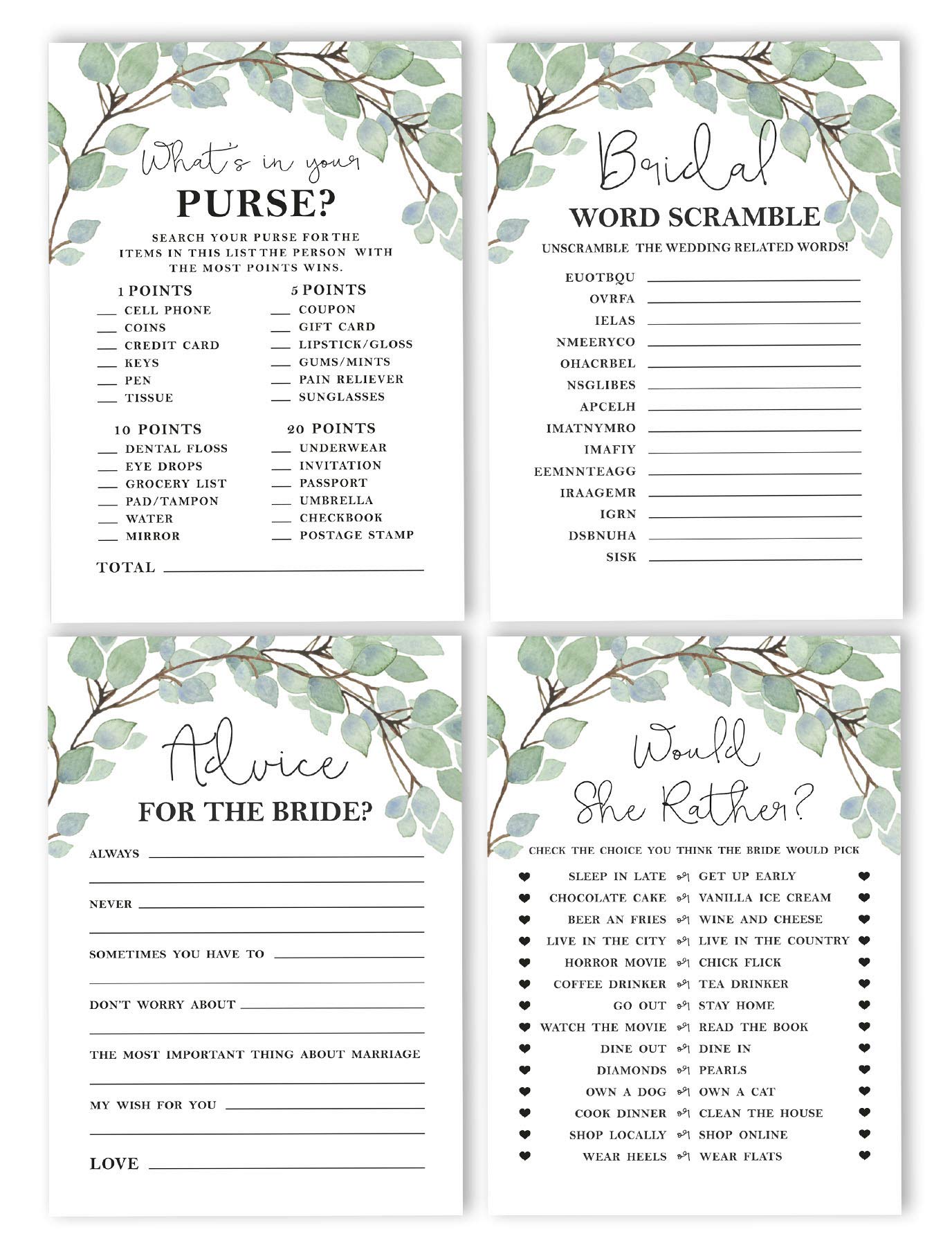 Bachelorette Party Games Set - 4 Fun Bridal Shower Games (50 Sheets Each) | Greenery Theme | Perfect for Wedding Showers & Girls Night Out