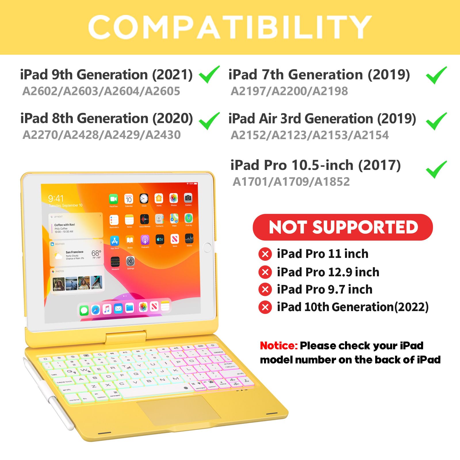 NOKBABO iPad 9th/8th/7th Gen Case with Bluetooth Keyboard - 360° Rotatable Stand, 7-Color Backlit Touchpad & Apple Pencil Holder | Compatible with iPad 10.2 inch & iPad Air 3rd Gen/iPad Pro 10.5 inch | Perfect for Work, Study & Travel (Yellow)