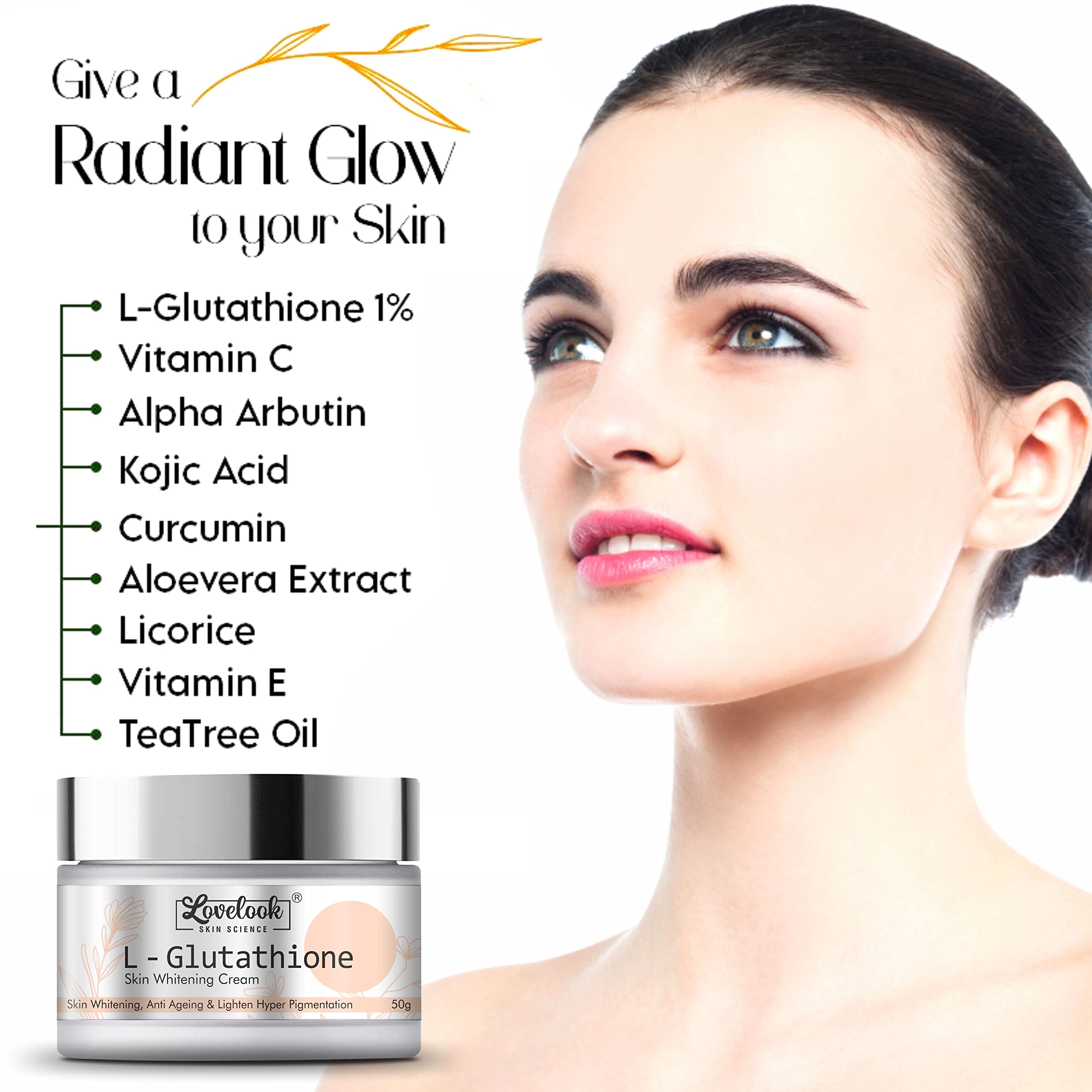 Lovelook L-Glutathione Cream for Skin Whitening & Anti-Aging | Brightening Face Moisturizer for Glass Skin Effect | 50g | Day & Night Use for Radiant Complexion