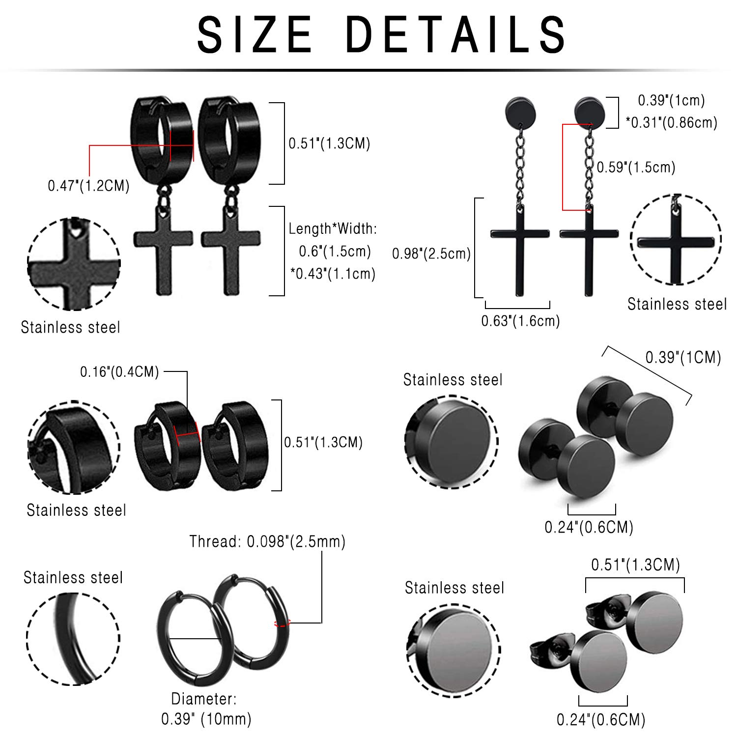 18 Pairs Stainless Steel Huggie Hoop & Dangle Earrings Set for Women & Men - Unisex Fake Earrings with Cross Design, Tunnel Studs - Perfect for Gifts, Parties, and Everyday Wear