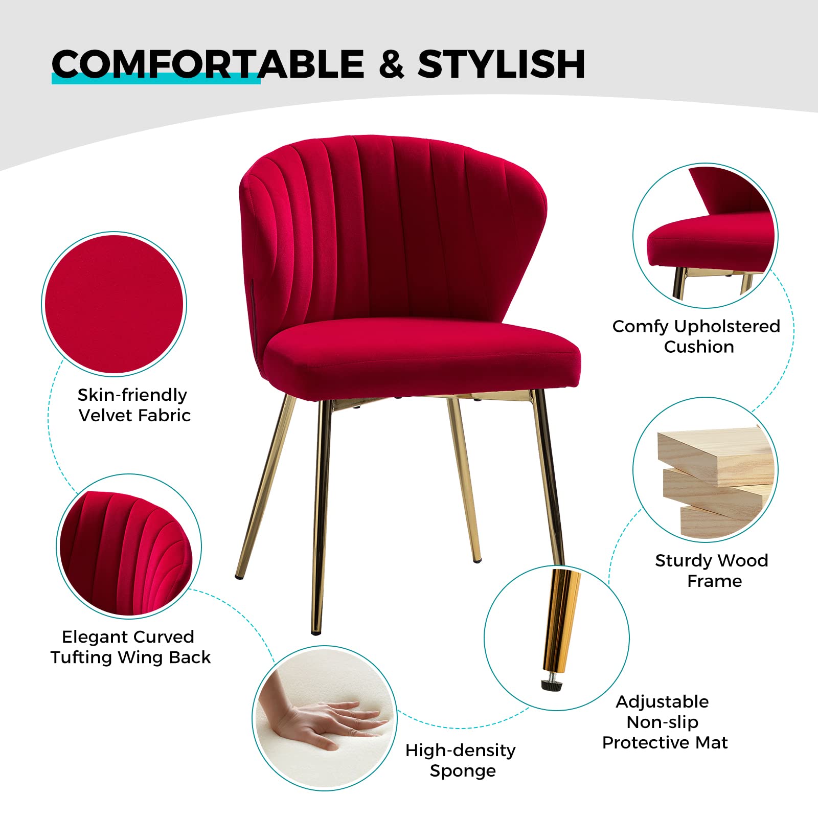 TINA'S HOME Modern Velvet Dining Chairs - Gold Metal Leg Accent Chairs with Tufted Back, Upholstered Side Chairs for Living Room, Kitchen, Vanity & Patio | Elegant Home Decor for Small Spaces (Red)