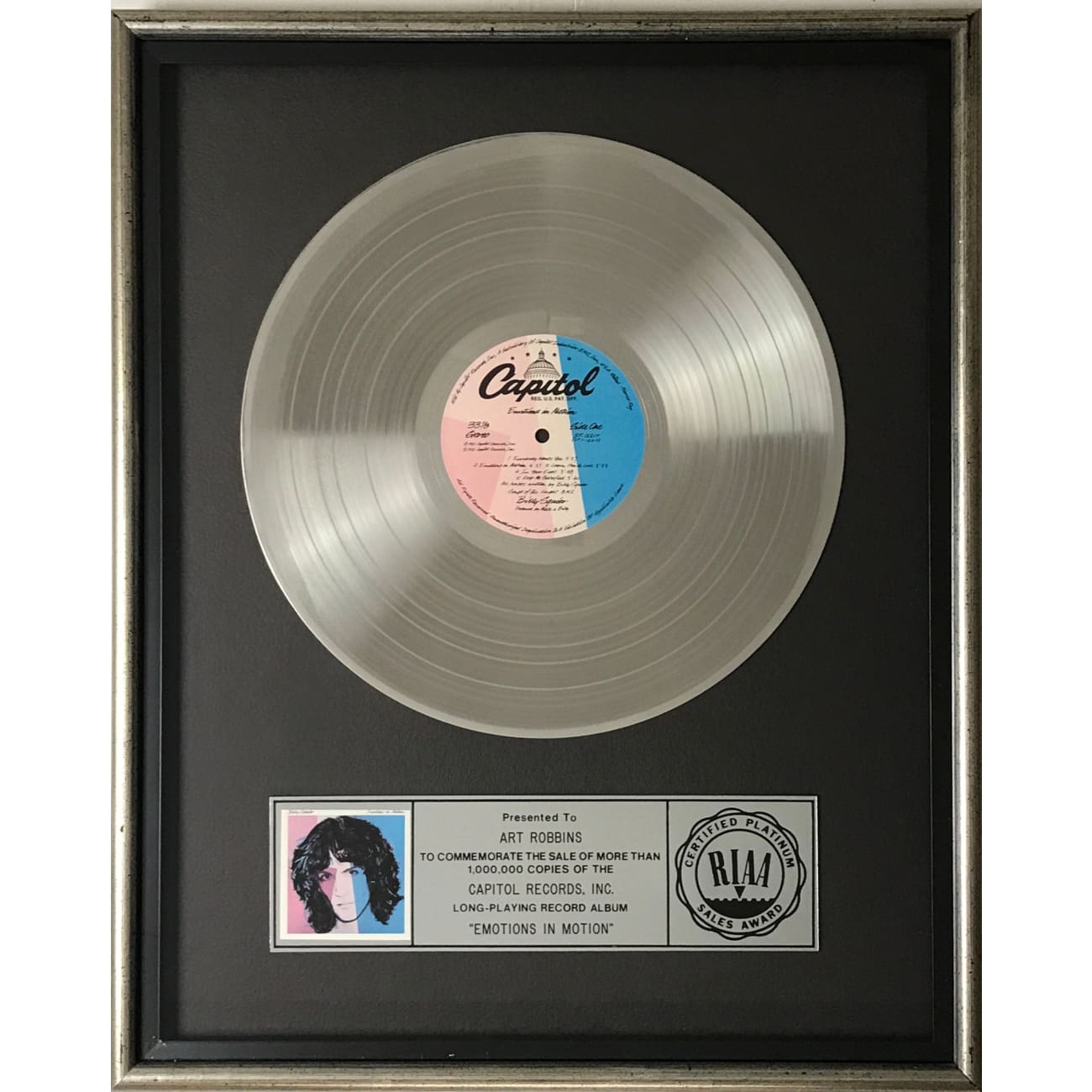 Billy Squier Emotions In Motion RIAA Platinum Album Award - Vintage Music Collectible for Fans & Home Decor - Perfect for Music Lovers, Record Collectors, and Man Cave Displays