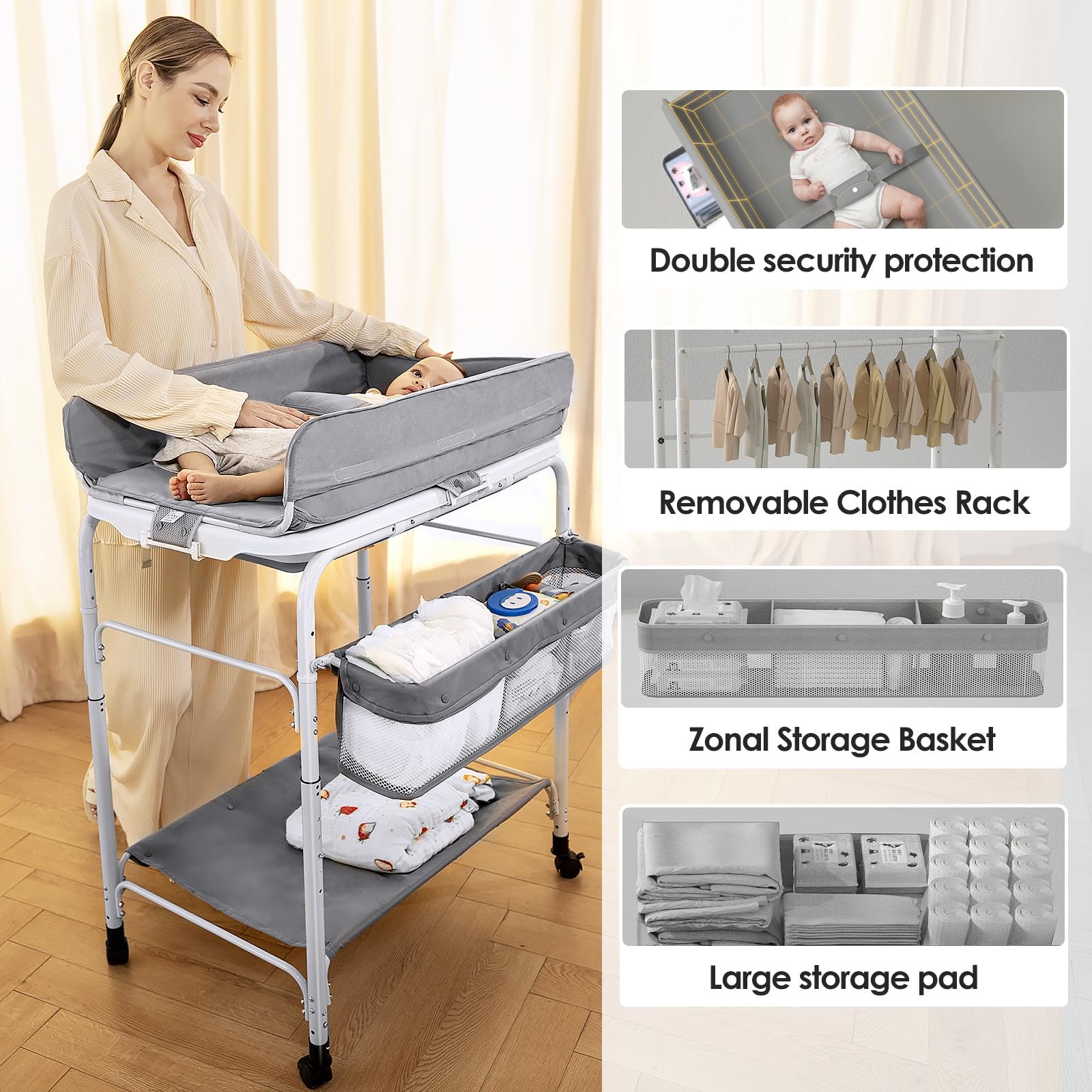 2-in-1 Portable Baby Changing Table with Bathtub | Foldable Diaper Changing Station with Wheels | Height Adjustable for Newborns & Infants | Perfect for Nursery, Travel & Bath Time Convenience