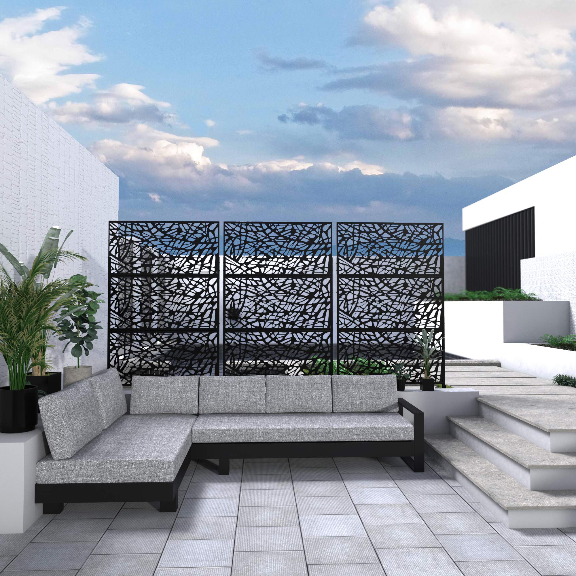 NeuType Black Metal Outdoor Privacy Screen Divider with Stand - Laser Cut Design for Patio, Garden, and Backyard Privacy