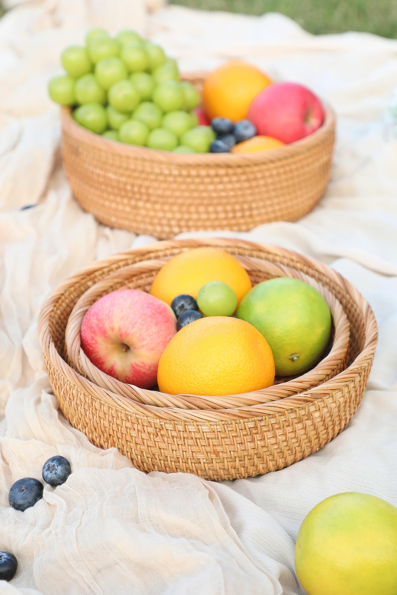 Handmade Rattan Bread Basket Set of 3 - Round Woven Wicker Fruit Serving Bowls for Kitchen Storage & Counter Organization | Natural Honey Brown Decorative Basket | Perfect for Bread Display, Fruit Serving, Pantry Storage & Home Decor