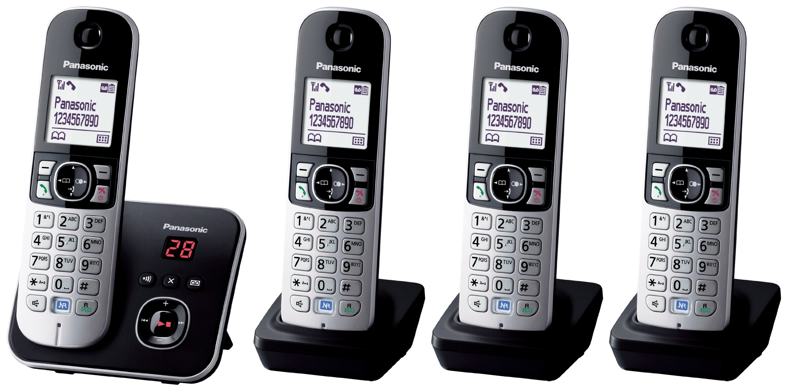 Panasonic KX-TG6824EB Quad Cordless DECT 6.0 Phone System with Answering Machine - Black/Silver - Ideal for Home & Small Business Office Use