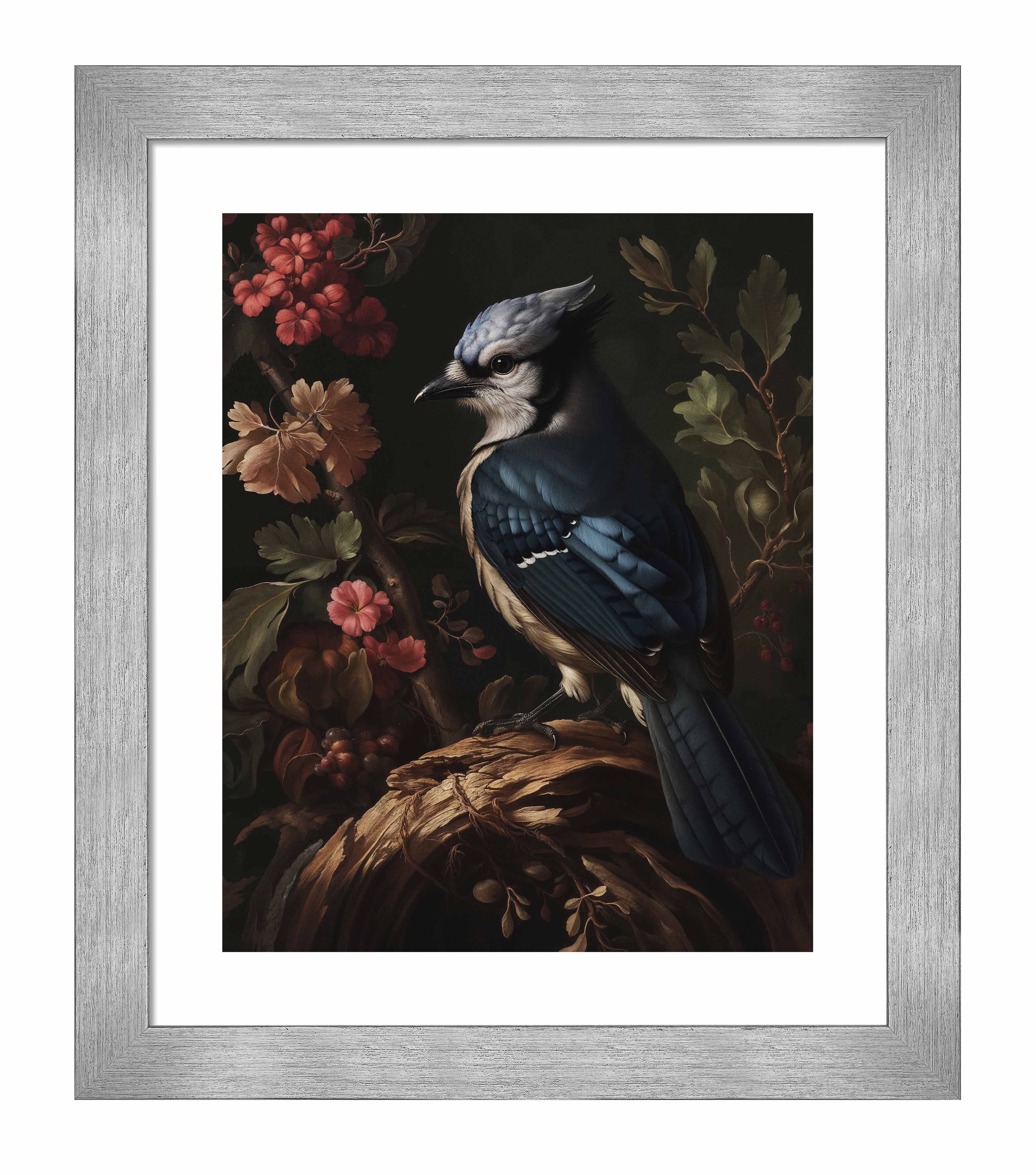Blue Jay Amongst Flora - Elegant Nature Art Print for Home & Office Decor - Perfect for Living Room, Bedroom, or Gift