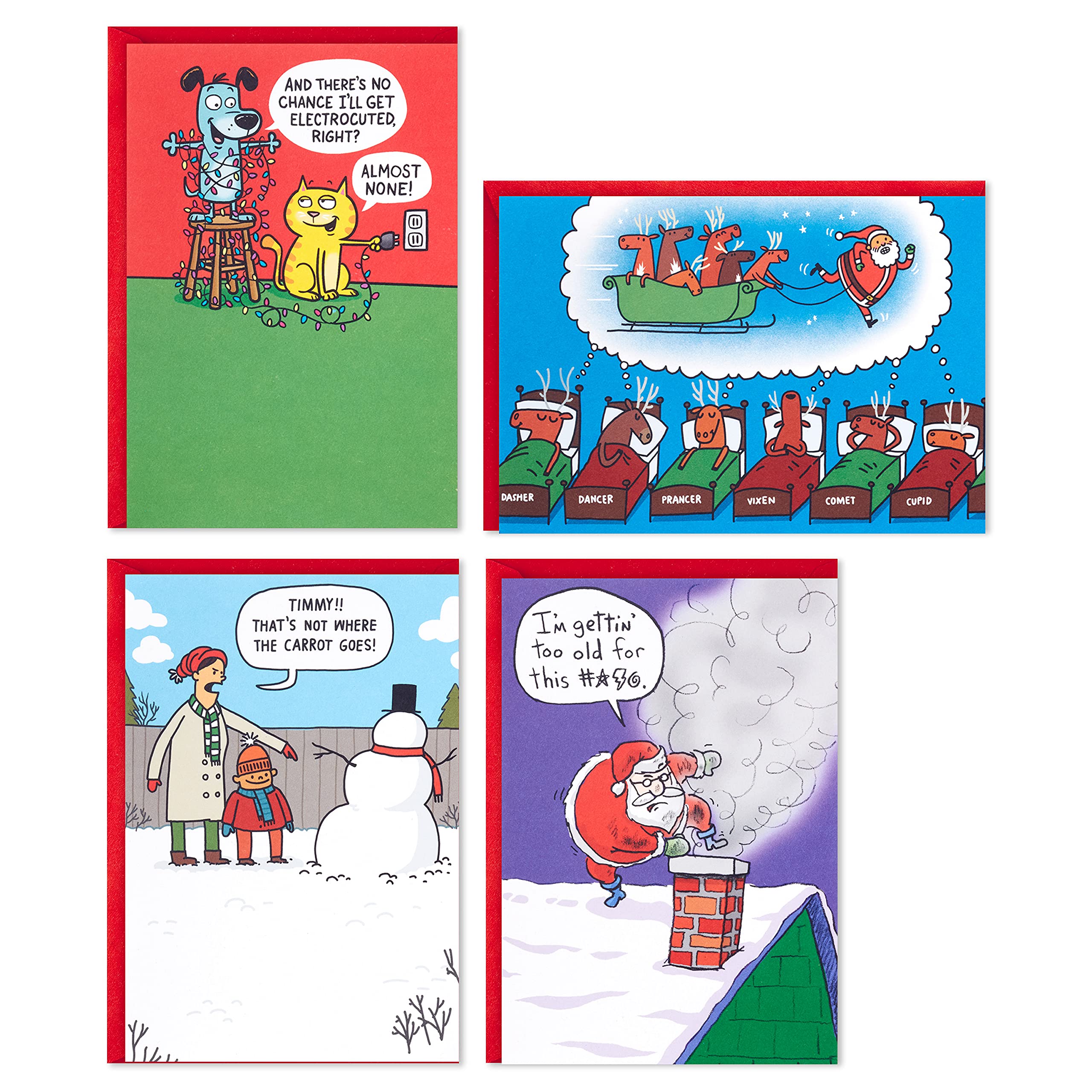 Hallmark Shoebox Funny Christmas Card Set - 24 Festive Cartoon Greeting Cards with Envelopes (4 Assorted Designs) for Holiday Parties, Office Exchanges & Family Gatherings