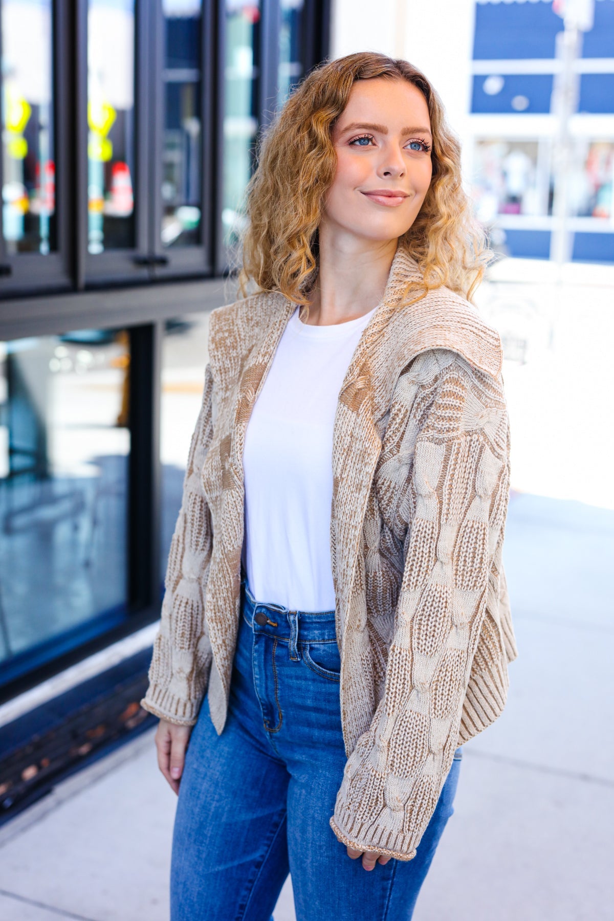 Cozy Taupe Textured Cable Knit Collared Cardigan for Women | Autumn Fall Sweater | Perfect for Layering, Office Wear & Casual Outfits