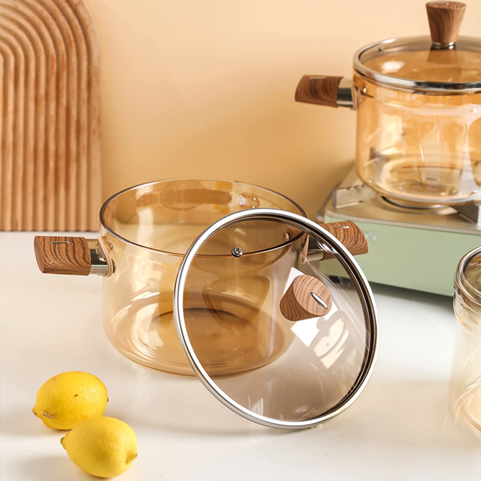 Premium Clear Amber Glass Cooking Pot - 3.5L Heat-Resistant Stockpot with Wood Handle for Soup, Stew, Noodles & Milk - Stovetop, Open Fire & Oven Safe - Perfect for Camping, Kitchen & Restaurant Use