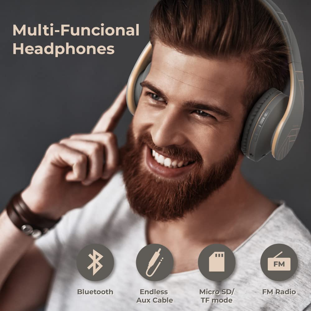 PowerLocus Bluetooth Over-Ear Headphones with Microphone, Wireless Foldable Headset, Memory Foam Earmuffs, Lightweight Design, Micro SD/TF Slot & FM Radio - Compatible with iPhone, Android, Tablet, PC, TV - Perfect for Workouts, Commuting & Home Entertainment