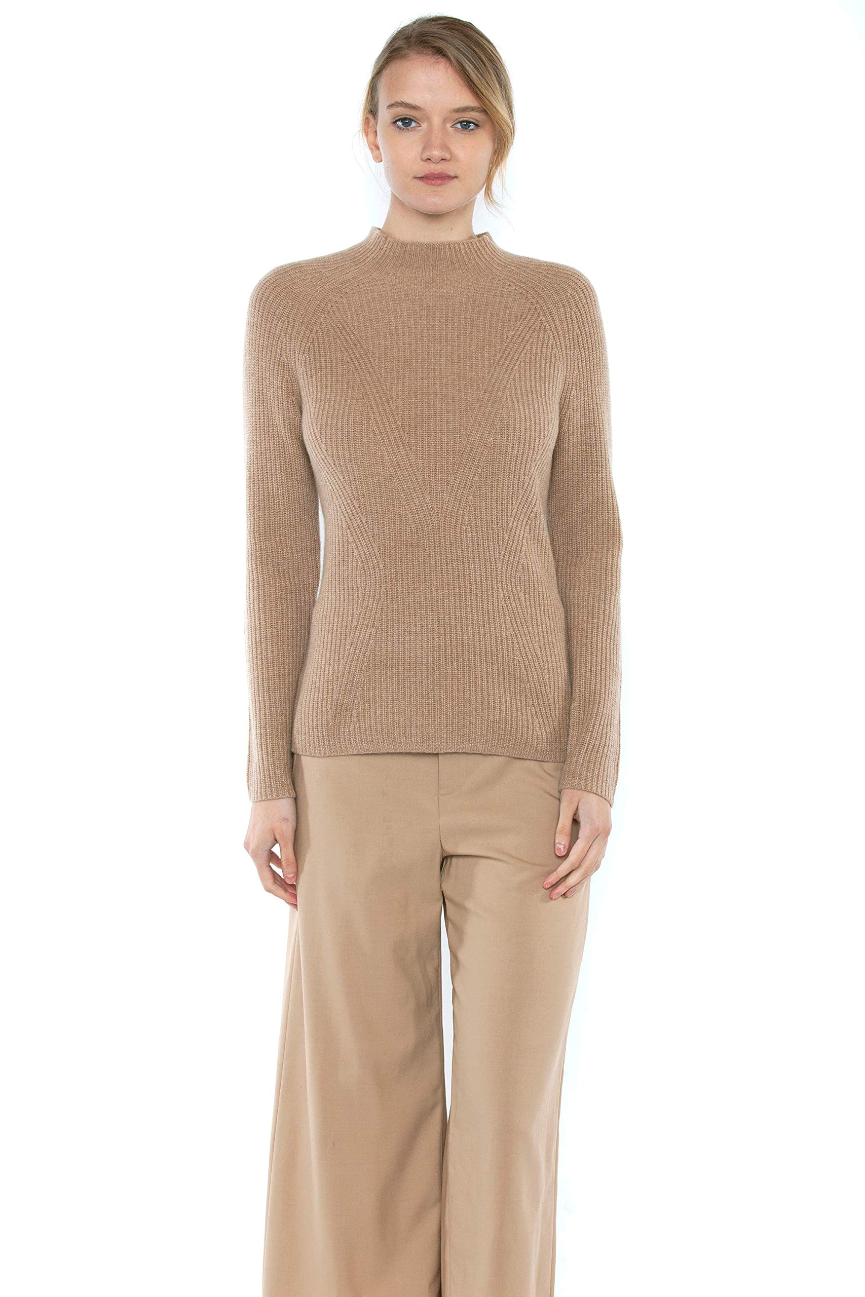 JENNIE LIU Women's 100% Pure Cashmere Chunky Ribbed Funnel Neck Long Sleeve Sweater - Soft Winter Pullover for Casual Wear & Office Outfits
