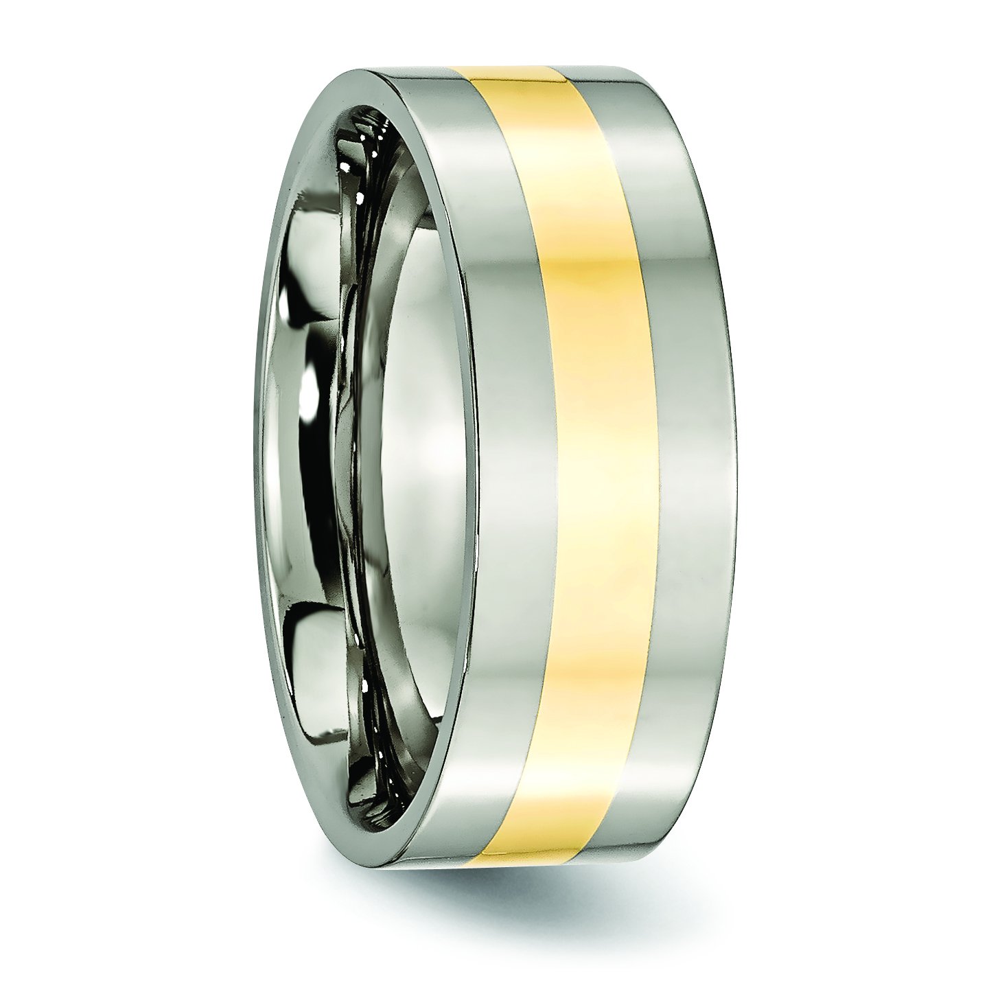 8mm Polished Titanium & 14K Yellow Gold Inlay Flat Edge Wedding Band Ring for Men - Perfect for Engagement, Anniversary & Everyday Wear