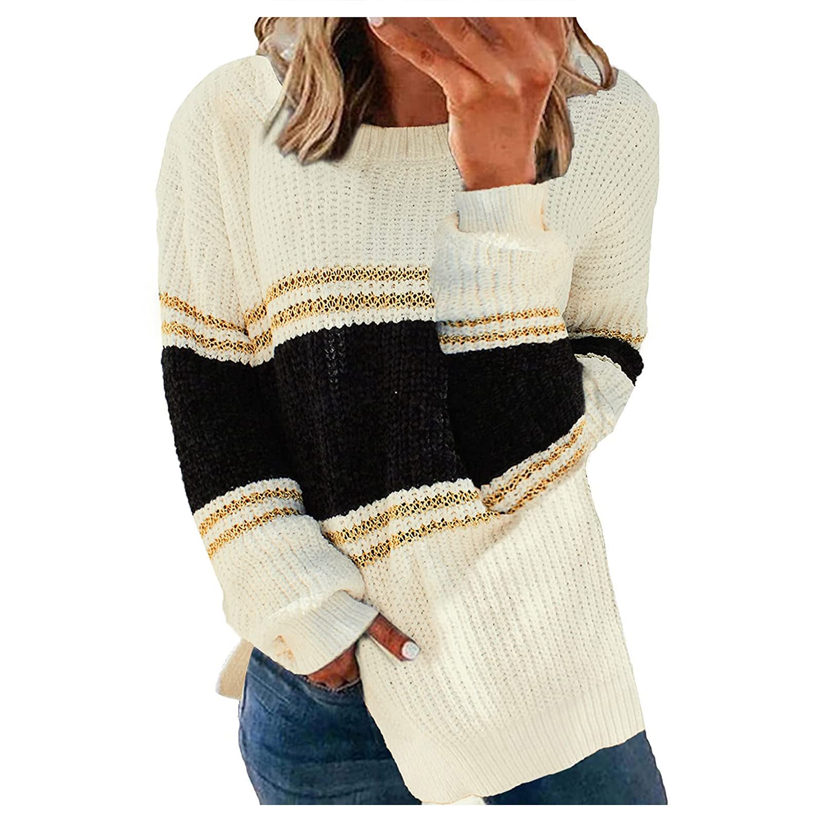 Women's Color Block Sweater - Chunky Knit Crewneck Long Sleeve Pullover with Split Side Design | Casual Loose Fit Jumper Top for Fall & Winter | Perfect for Office, Dating and Weekend Outfits