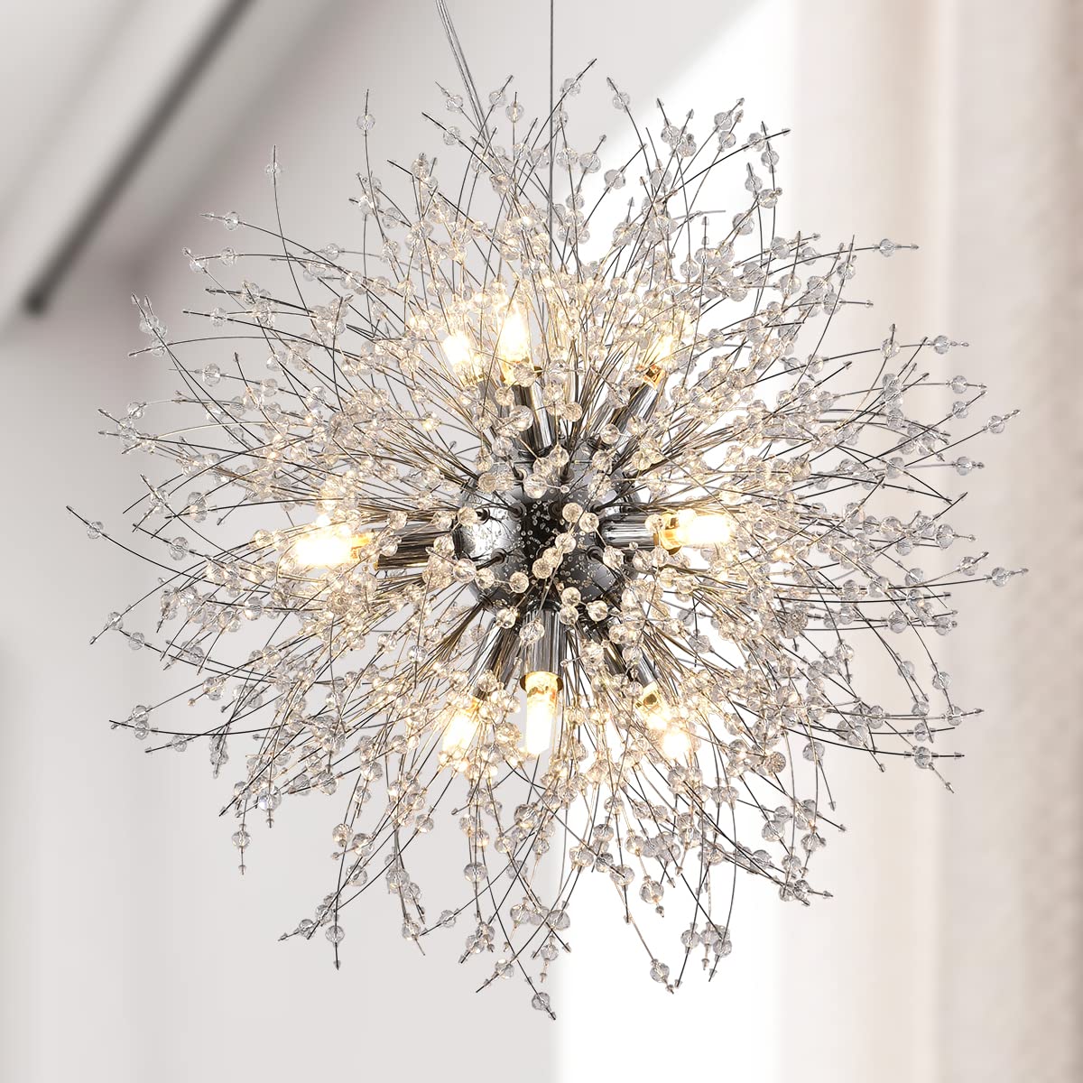 9-Light Stainless Steel Dandelion Chandelier - Modern Sputnik Pendant Lighting Fixture in Chrome Finish (19.6