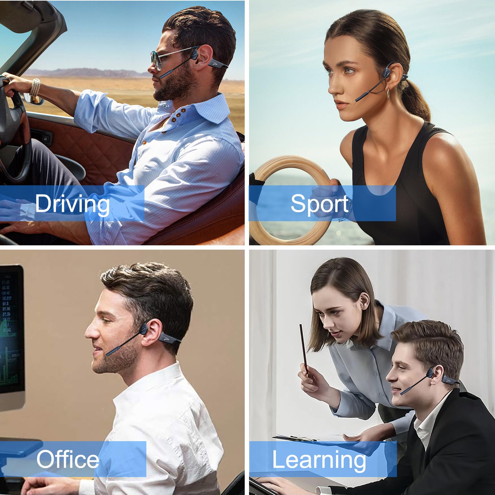 MAIRDI Open-Ear Bone Conduction Headphones with Mic Boom - 5.2 Bluetooth Wireless Headset with AI Noise Canceling Microphone for Office, Driving, Running, Cycling & Sports | Comfortable for All-Day Use During Workouts, Commuting & Outdoor Activities