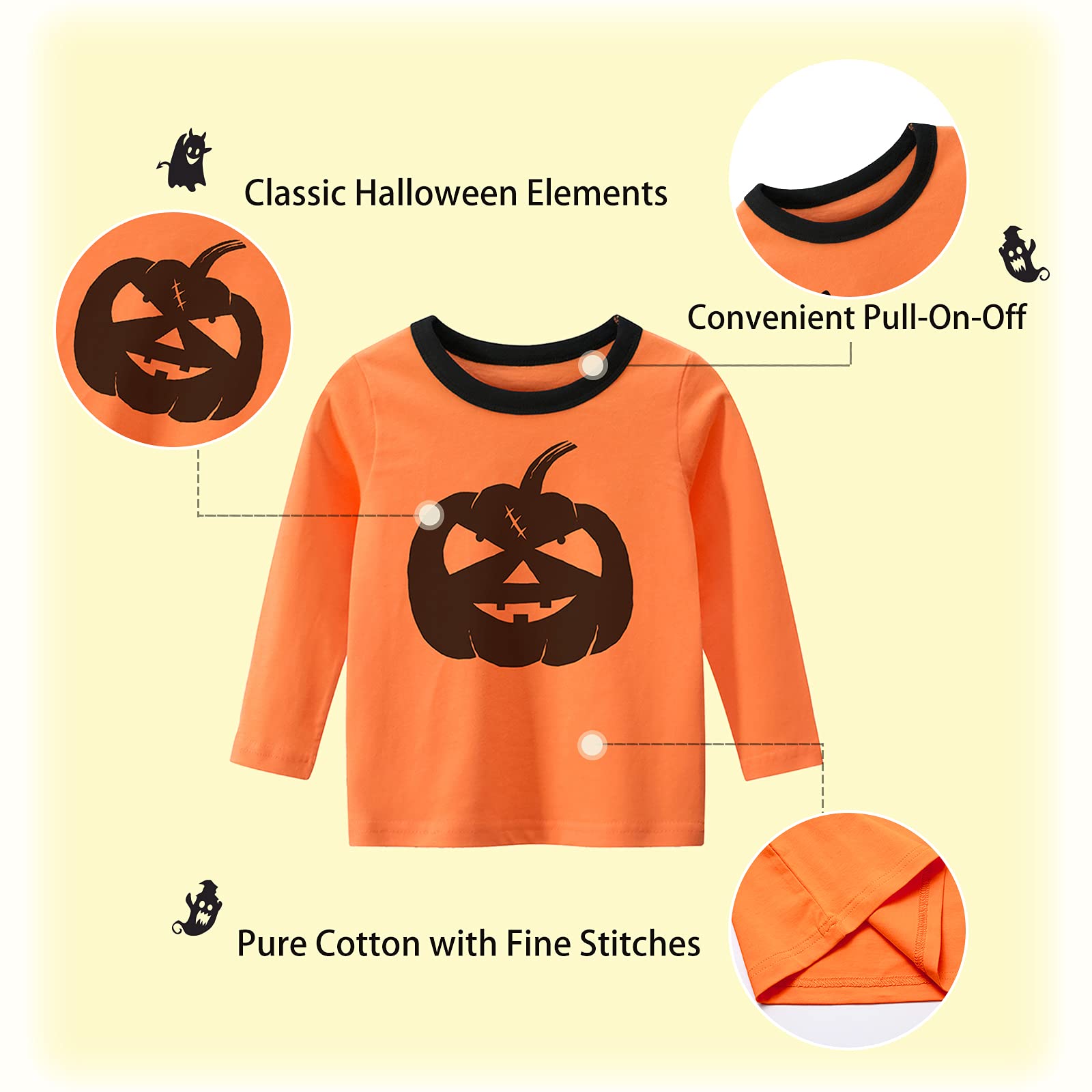 Halloween Pumpkin Face Long Sleeve T-Shirt for Kids - Boys & Girls Toddler Costume Shirt for Trick or Treat, School Party & Family Photo Outfits