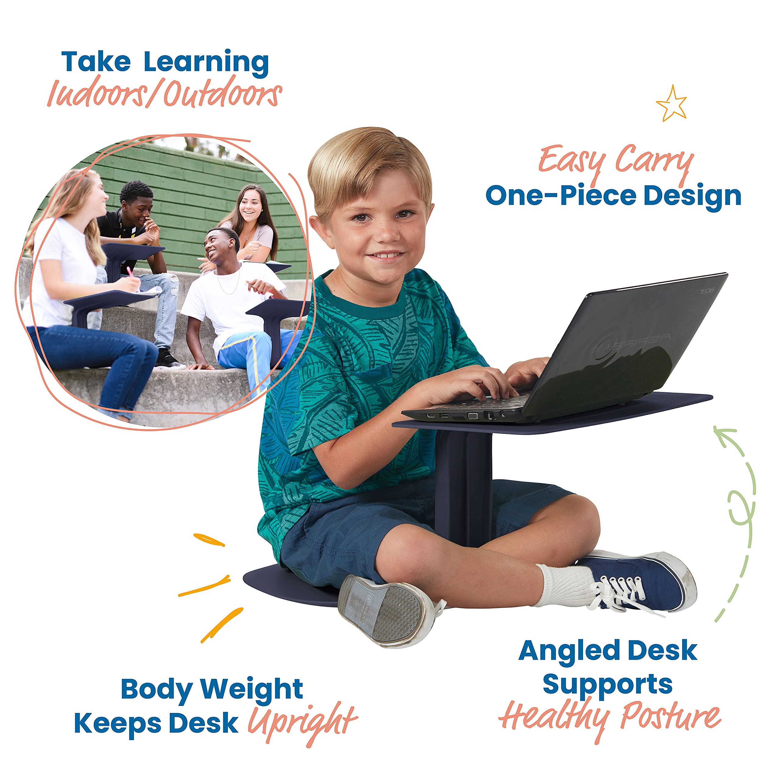 ECR4Kids The Surf Portable Lap Desk - Adjustable & Lightweight for Kids & Adults - Navy Blue - Perfect for Home, School, Office & Travel Use