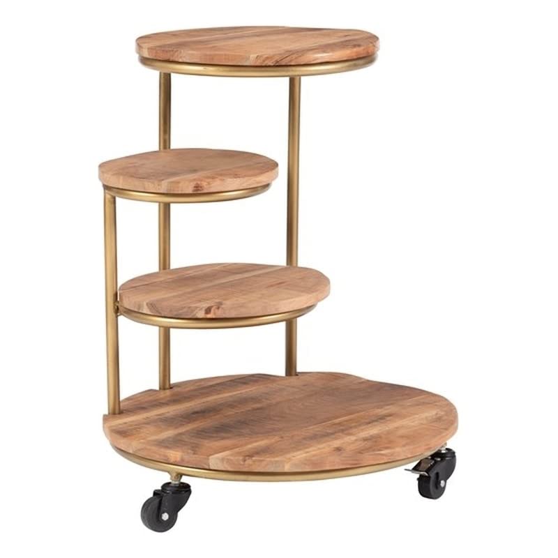 Gold Metal and Wood 4-Tier Rolling Plant Stand for Indoor/Outdoor Use - Perfect for Patio, Garden, or Living Room Decor - Powell Furniture Linon Carter Style
