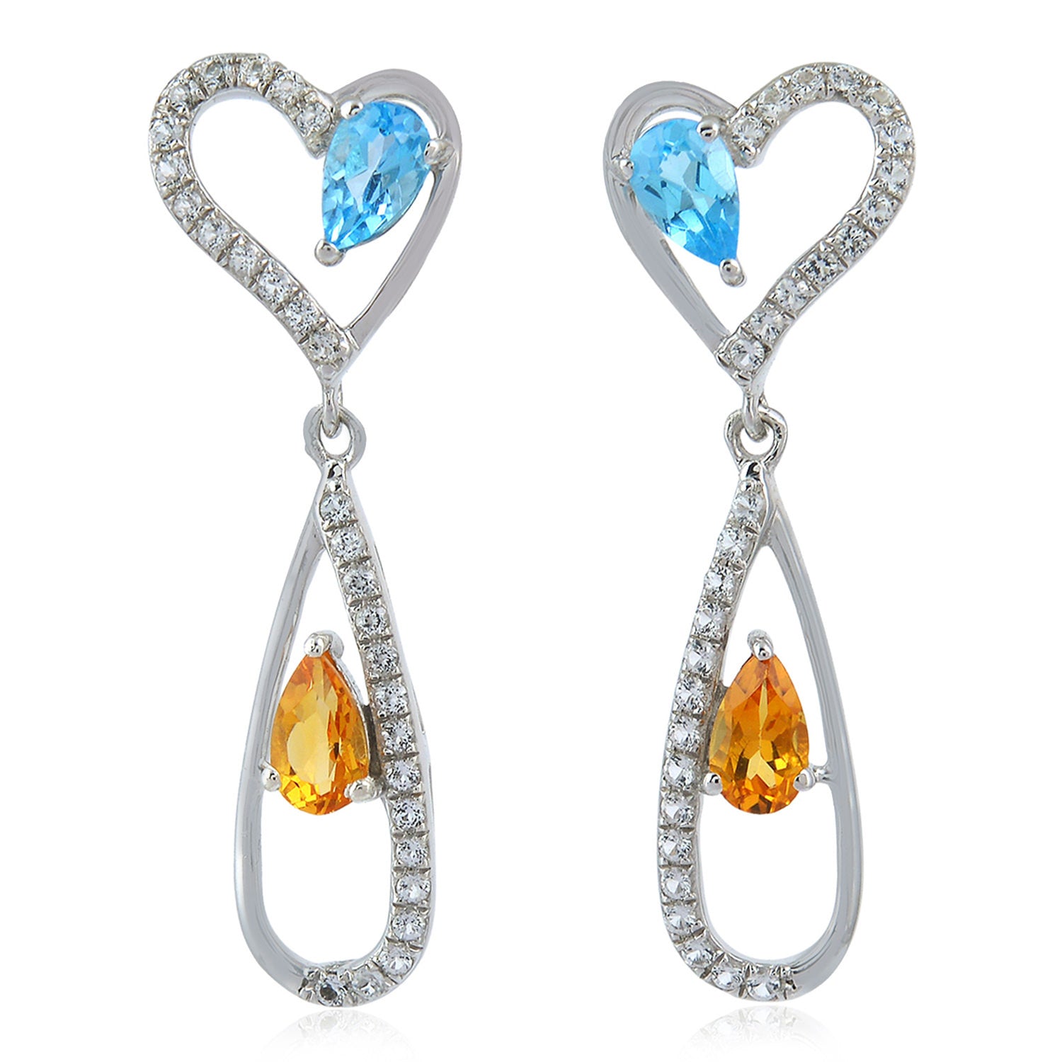 14K White Gold Pave Diamond Pear Cut Blue Topaz & Citrine Heart Dangle Earrings for Women - Elegant Valentine's Day Gift, Anniversary Jewelry, Wedding Party Accessories