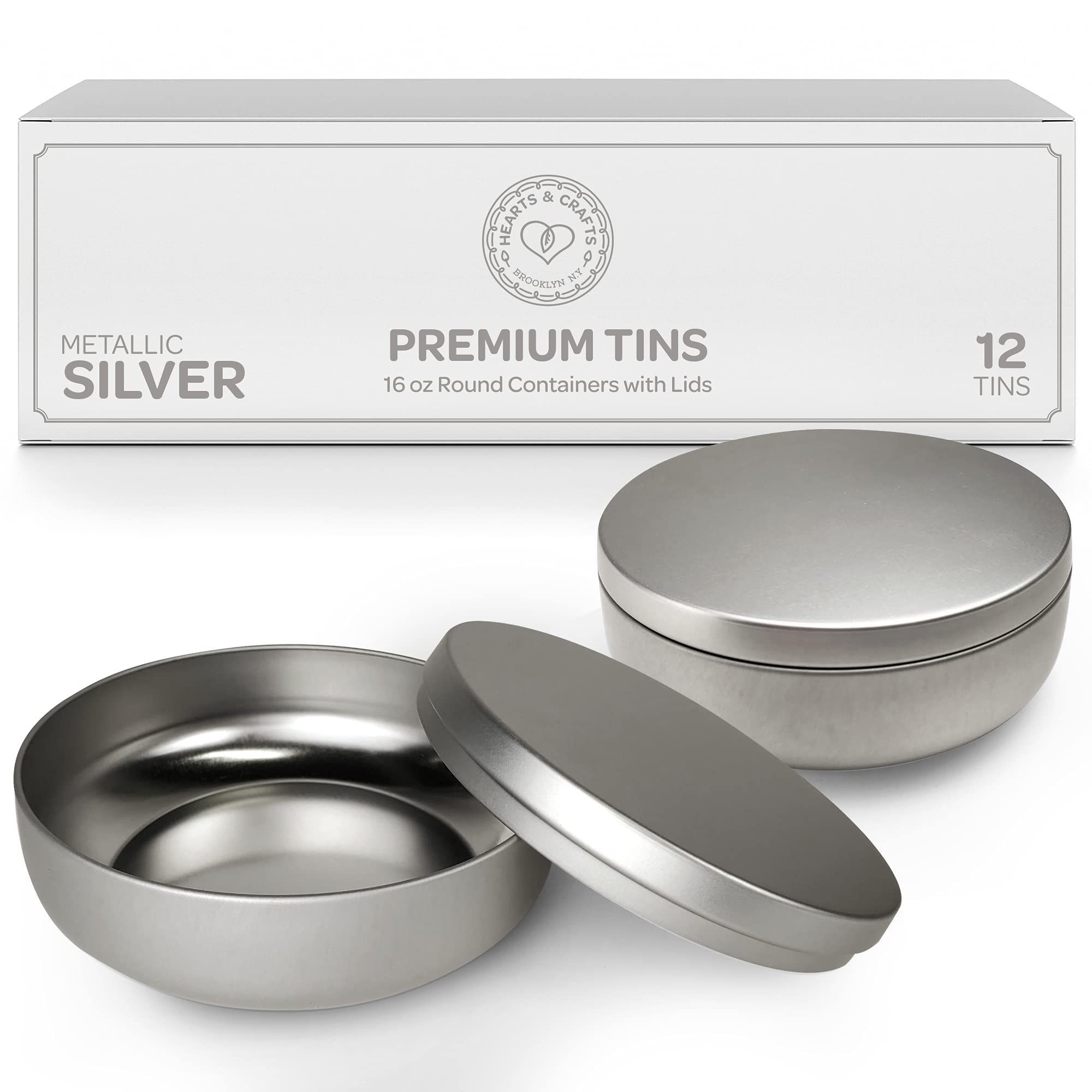 Hearts & Crafts 16 oz Silver Candle Tins with Lids - 12-Pack Bulk Empty Candle Jars for DIY Candle Making, Arts & Crafts, Storage, Gift Packaging - Perfect for Home Decor, Wedding Favors, and Holiday Gifts