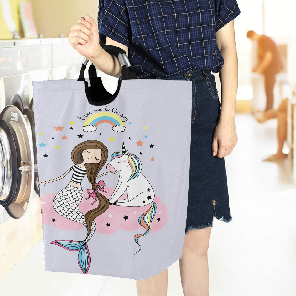 Visesunny Unicorn Mermaid Rainbow Large Laundry Bag - Collapsible Oxford Fabric Laundry Hamper with Handles, Foldable Portable Dirty Clothes Basket, Waterproof Washing Bin for Kids Room, Dorm, Travel & Camping
