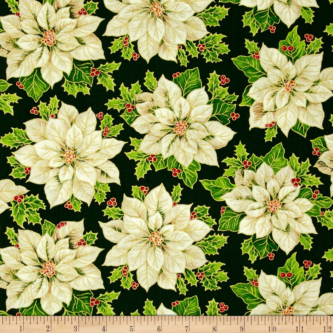 Fabri-Quilt A Happy Christmas Set Poinsettias Green Metallic Quilt Fabric By The Yard - Festive Holiday Quilting Material for Christmas Decorations, Table Runners & DIY Craft Projects