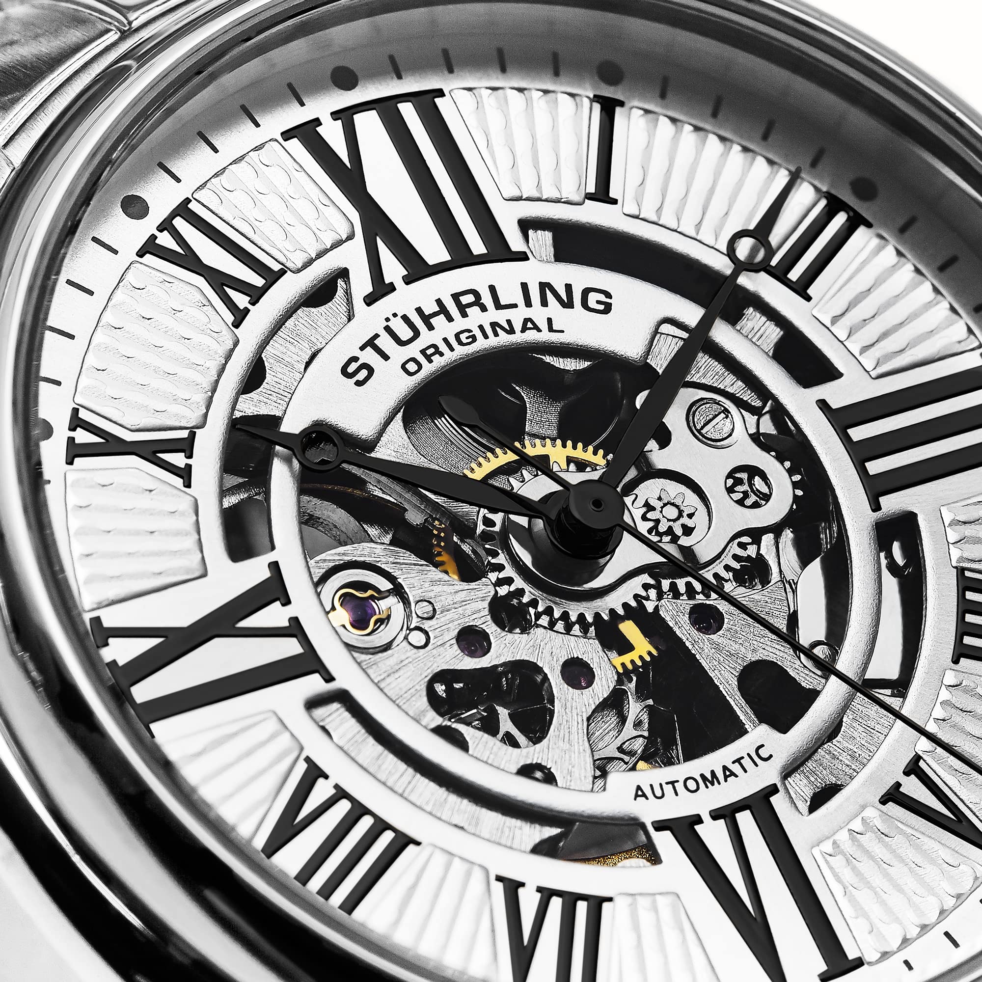 Stuhrling Atrium Men's Automatic Skeleton Watch - Silver Dial, Stainless Steel Bracelet with Roman Numerals, Exhibition Case Back - Perfect for Business, Formal Events & Luxury Gift Giving