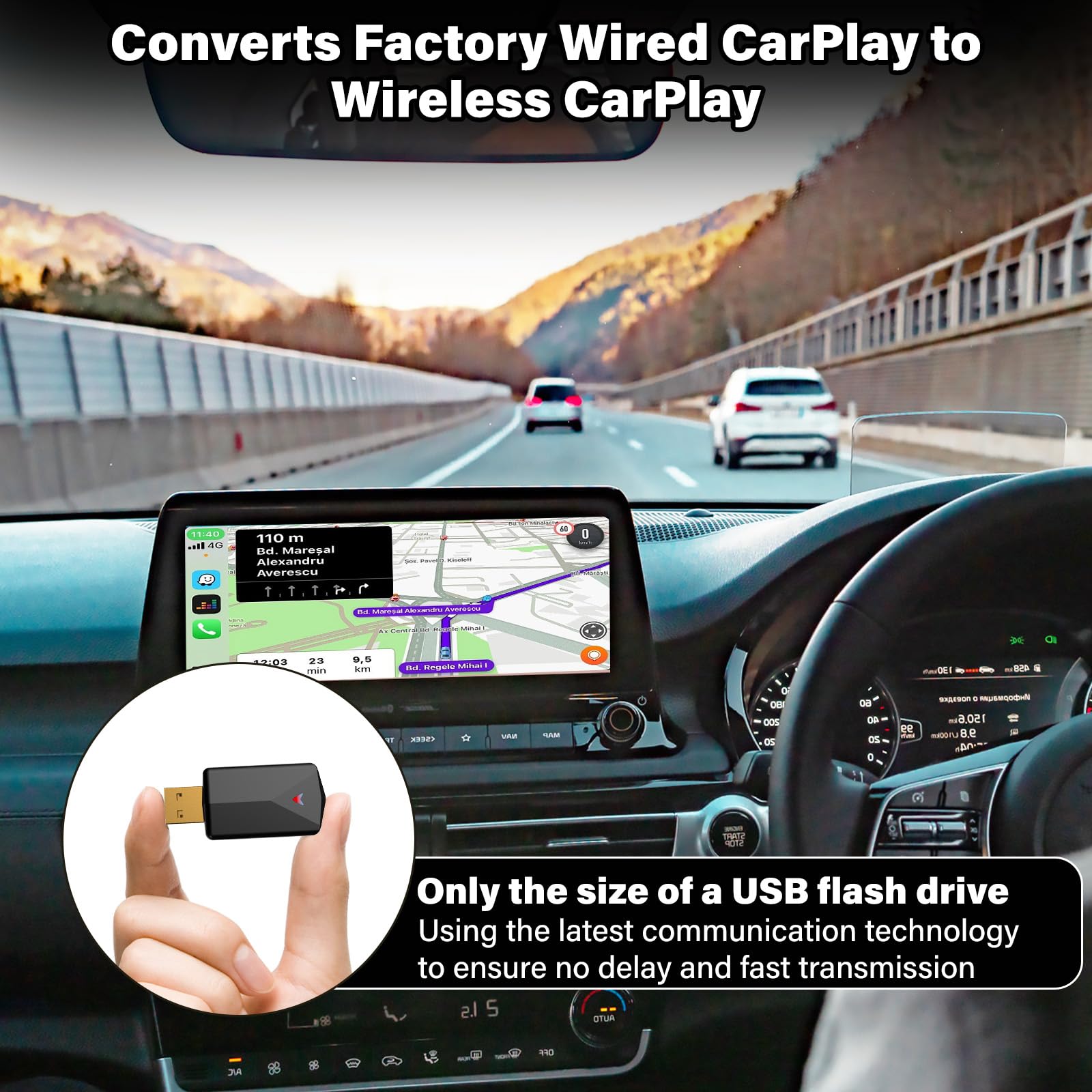 Wireless CarPlay Adapter for iPhone - Convert Wired to Wireless CarPlay, HD No Delay Plug & Play Mini Adapter with USB & USB-C/Type-C - Perfect for Seamless Music, Navigation & Calls While Driving