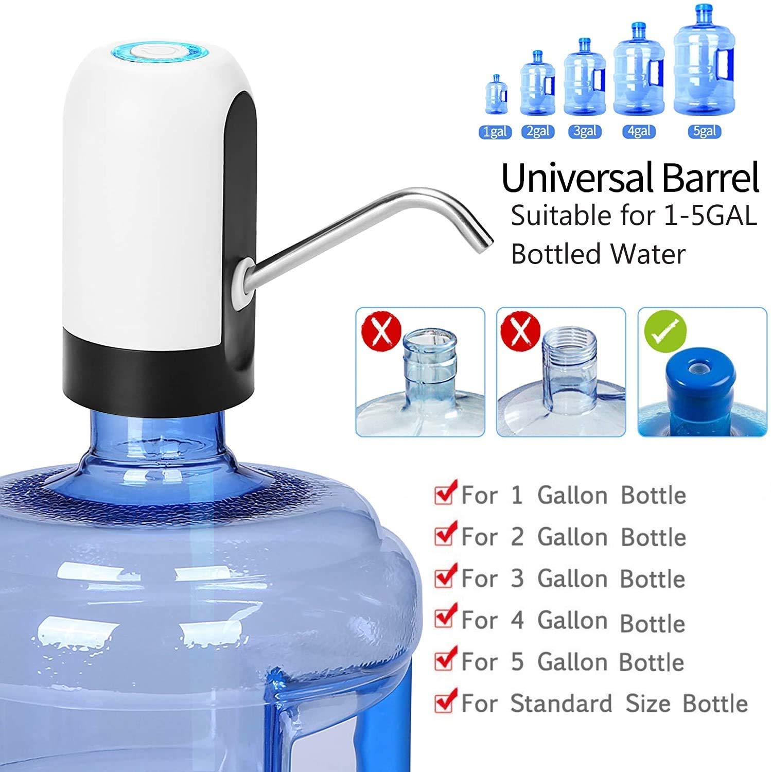 5 Gallon Water Dispenser Pump with USB Charging - Electric Automatic Water Bottle Pump for Home, Office, Camping & Outdoor Use - White Portable Drinking Water Solution