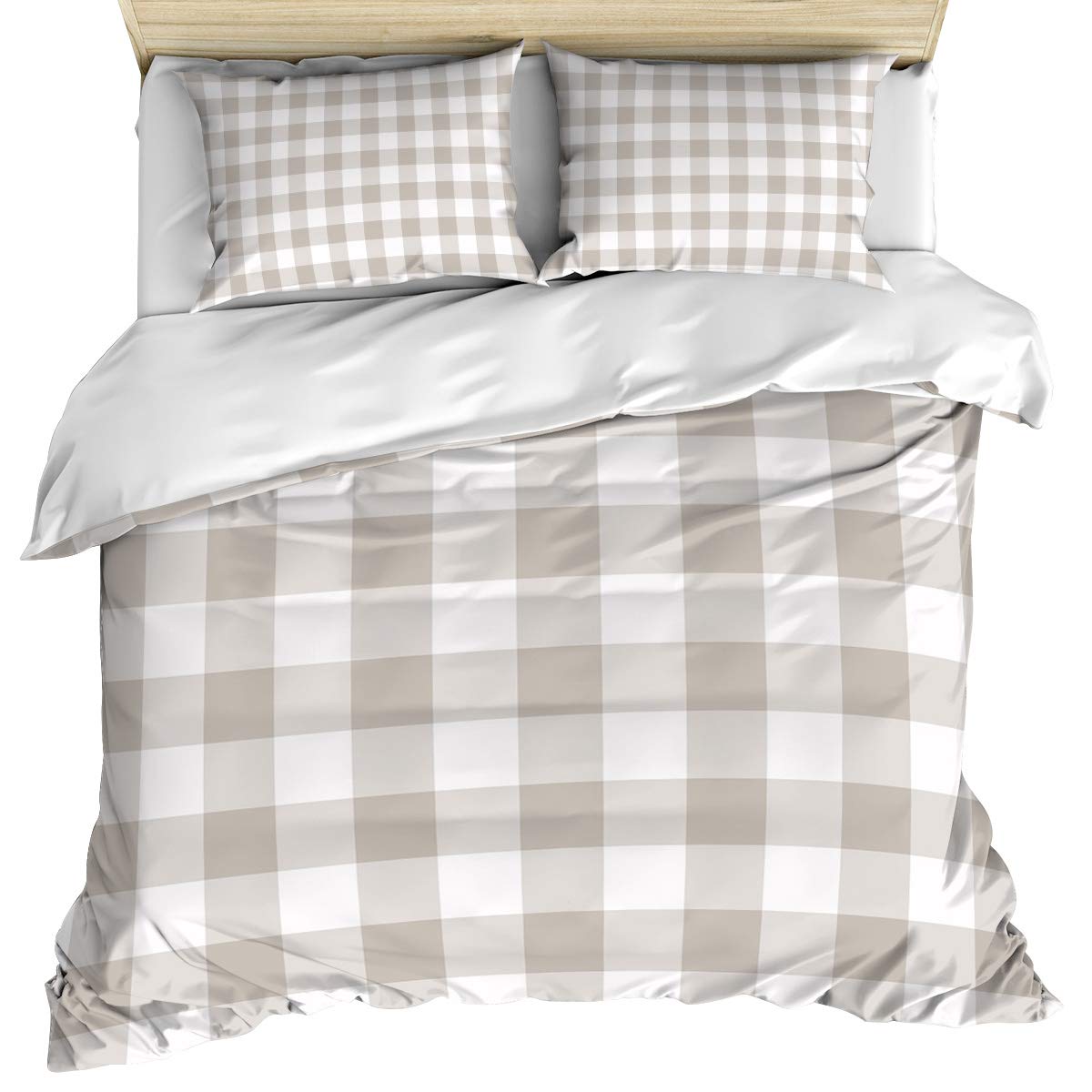Luxury Beige Brown Plaid Duvet Cover Set Full Size - 3 Piece Farmhouse Buffalo Check Cotton Bedding with Pillow Shams | Soft & Cozy Quilt Cover for Bedroom | Machine Washable | Perfect for Guest Rooms, Master Bedrooms & Cozy Farmhouse Decor