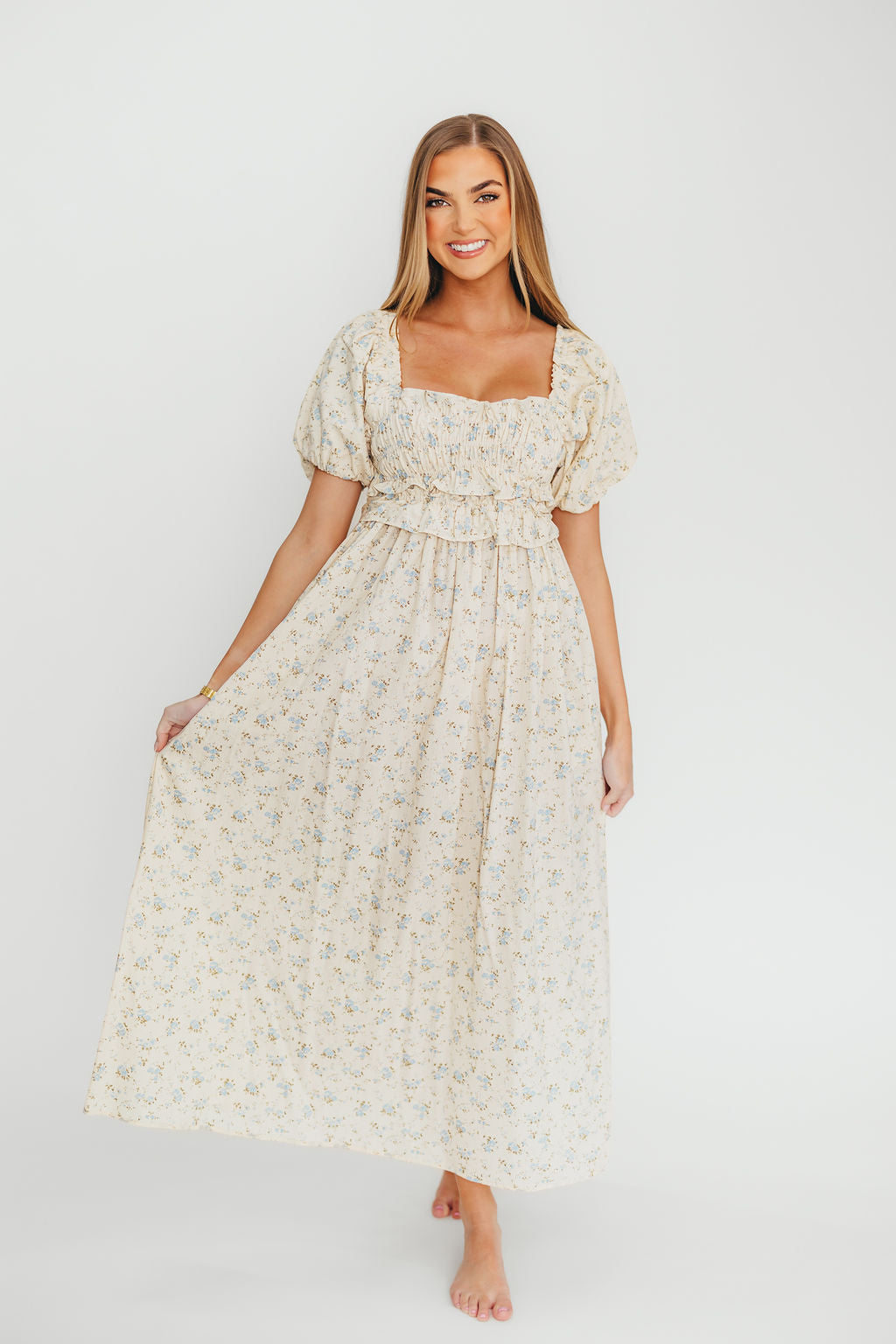 Finley 100% Cotton Peplum Midi Dress - Ivory & Blue - Bump & Nursing Friendly Maternity Dress for Pregnancy & Breastfeeding - Perfect for Baby Showers, Date Nights & Nursing Outfits