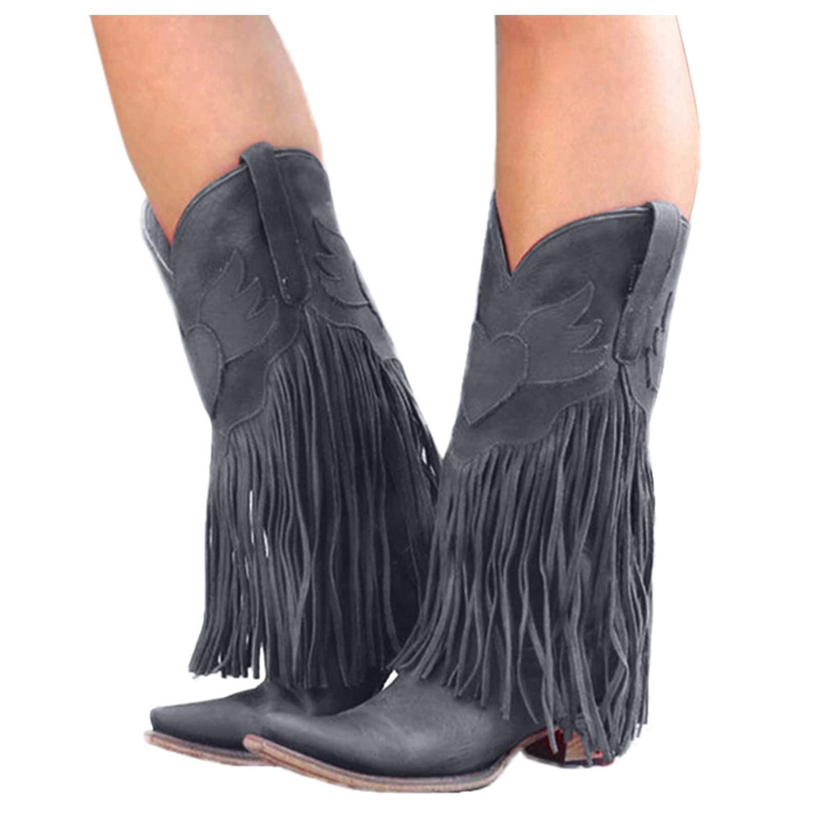 ZBYY Women's Knee High Western Boots with Fringe Design - Chunky Heel Mid Calf Riding Boots for Hippie Style & Dress Occasions | Perfect for Country Music Festivals, Rodeo Events & Boho Fashion Outfits