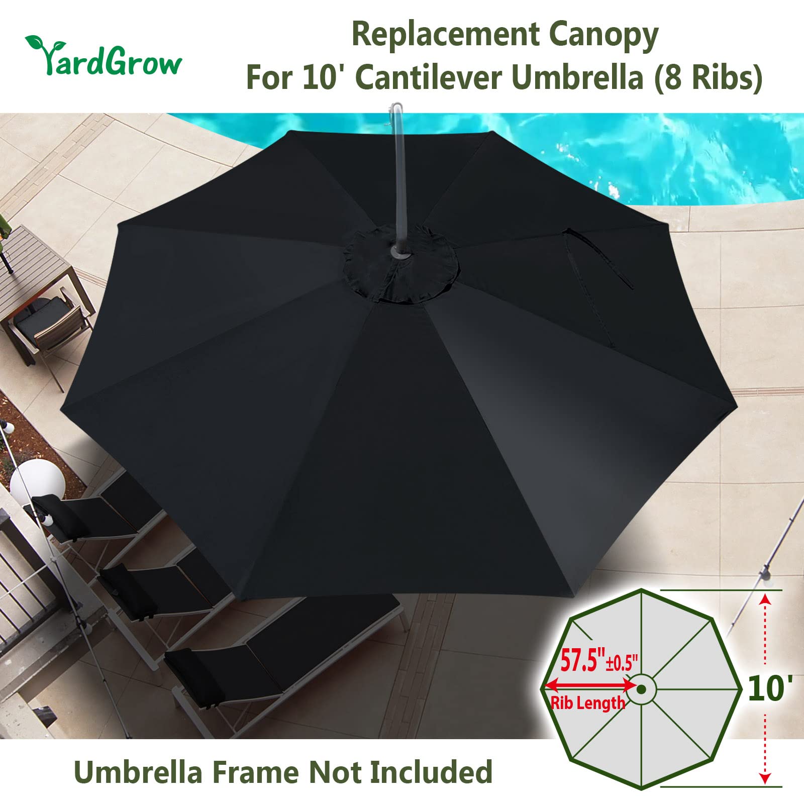 YardGrow 10ft 8 Ribs Cantilever Umbrella Canopy Replacement - Outdoor Patio, Garden, Poolside Shade Cover (Frame Not Included) - Perfect for Backyard, Deck, and Beach Use