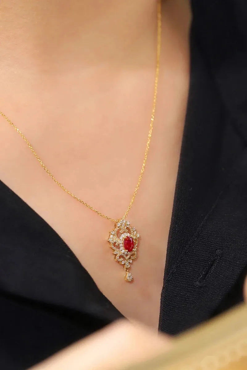 18K Yellow Gold Necklace with Real Natural Ruby & Diamond - Elegant Tassel Pendant for Women | Luxury Fine Jewelry Gift for Anniversary, Birthday & Special Occasions