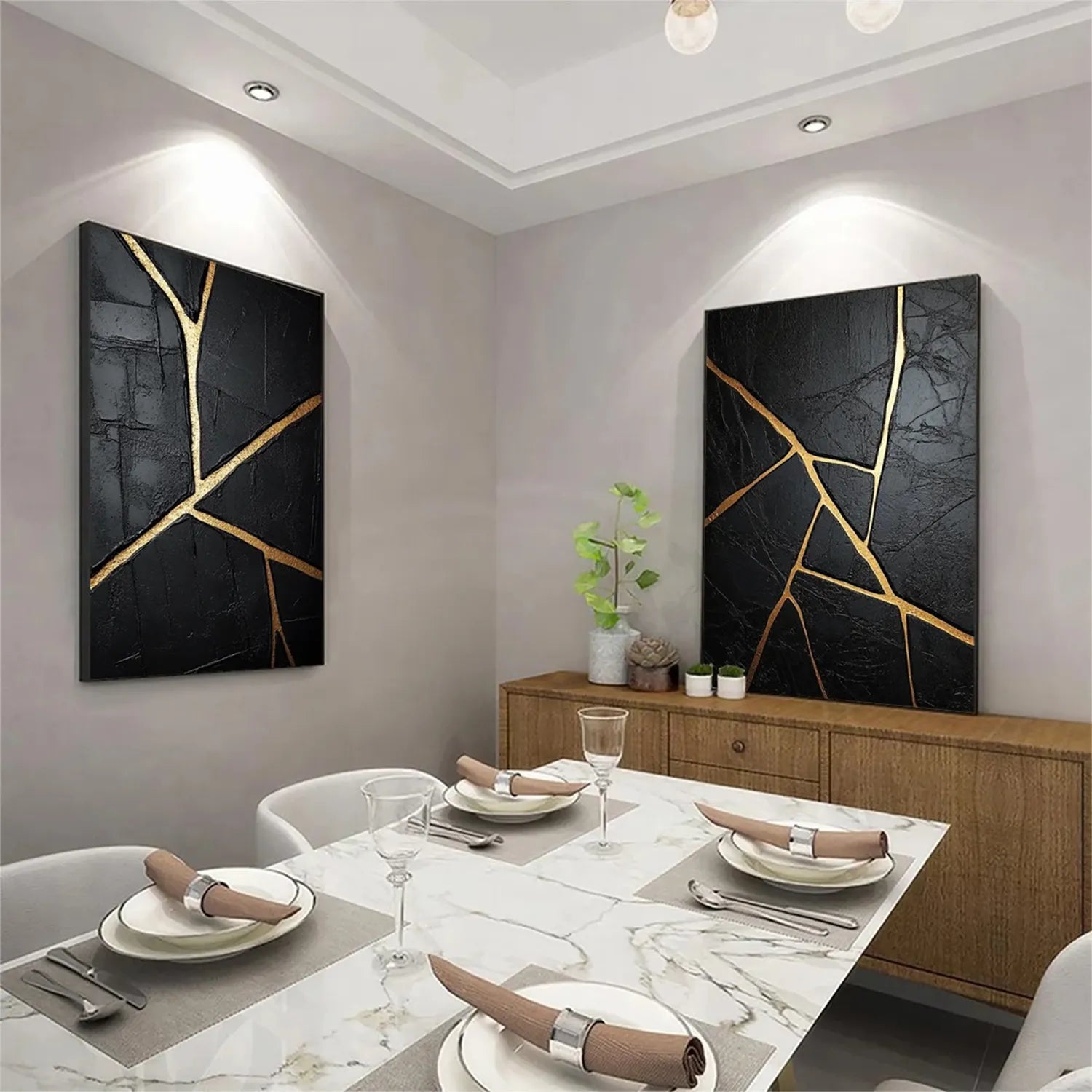 Black Gold Minimalist Textured Wall Art - Set of 2 Modern Abstract Paintings #MZ135 for Living Room, Bedroom & Office Decor