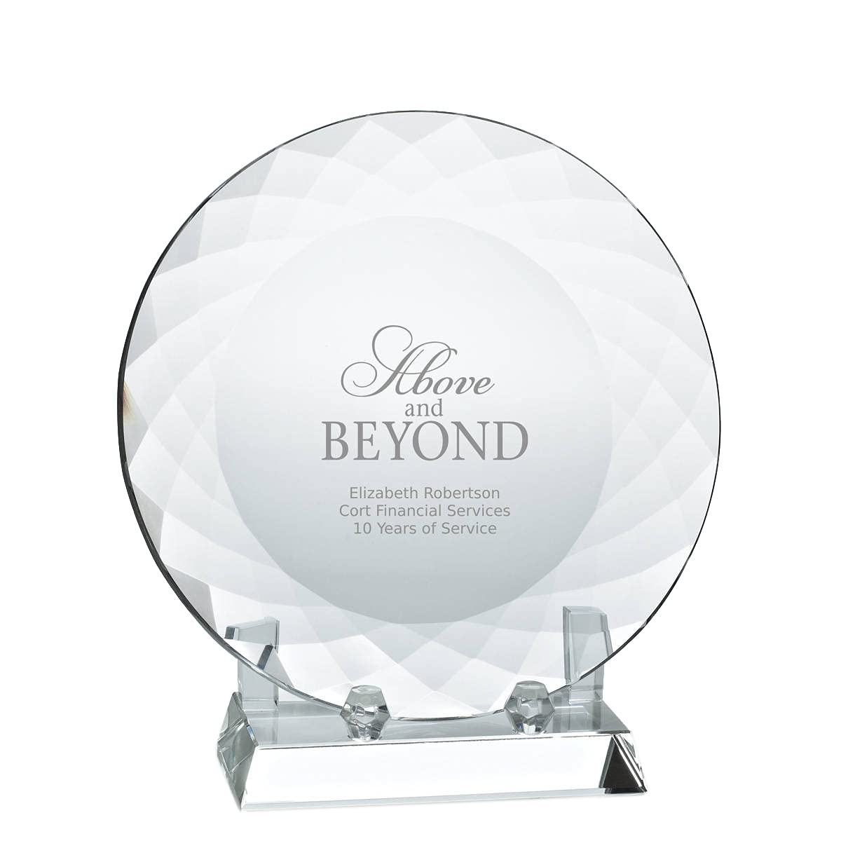 Custom Engraved Crystal Trophy - Round Plate with Rectangular Base - Employee Recognition Award - Perfect for Corporate Awards, Milestone Celebrations & Retirement Gifts