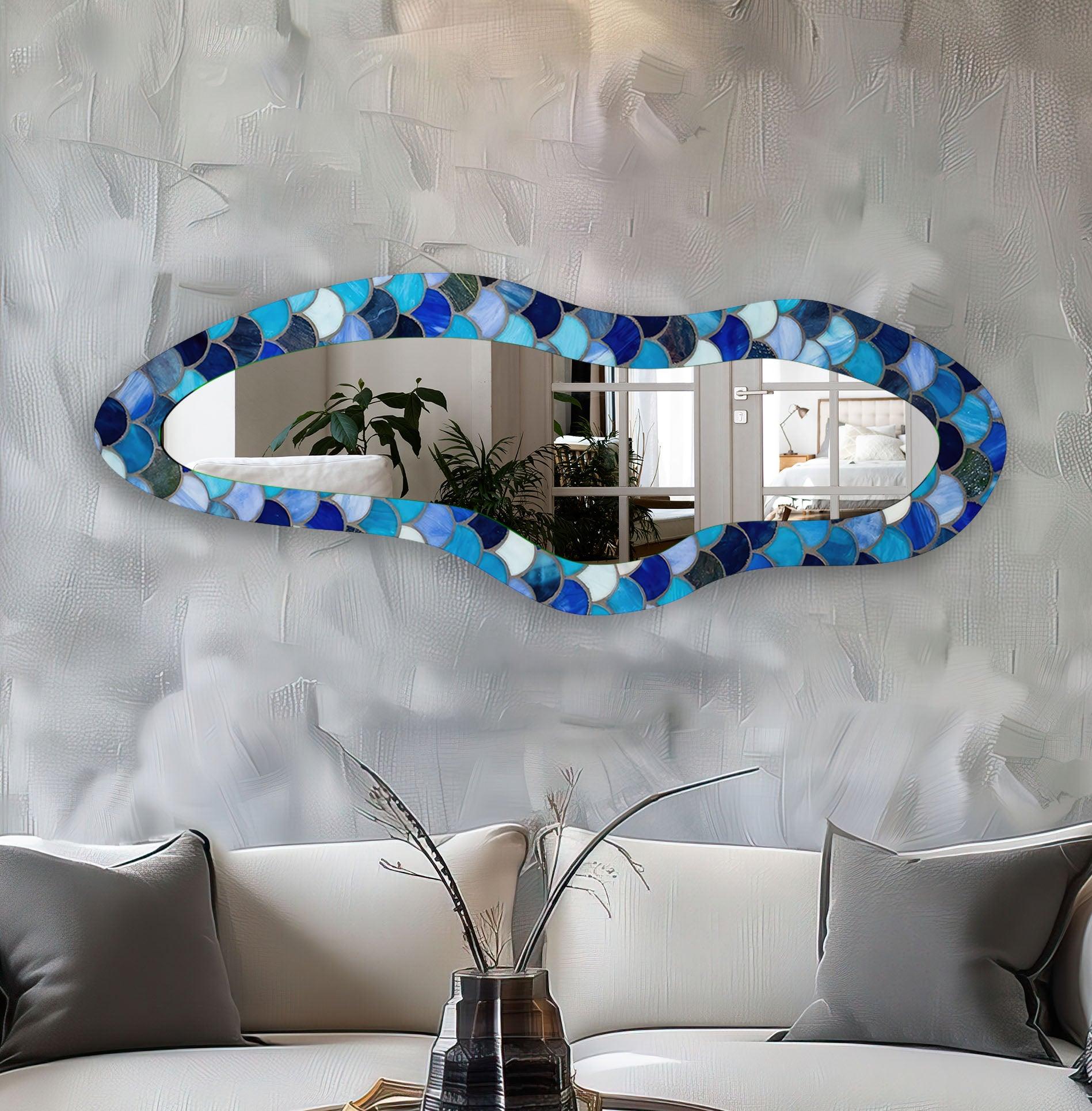 Handmade Blue Stained Irregular Long Glass Wall Mirror - Unique Boho Decor for Living Room, Bedroom & Entryway