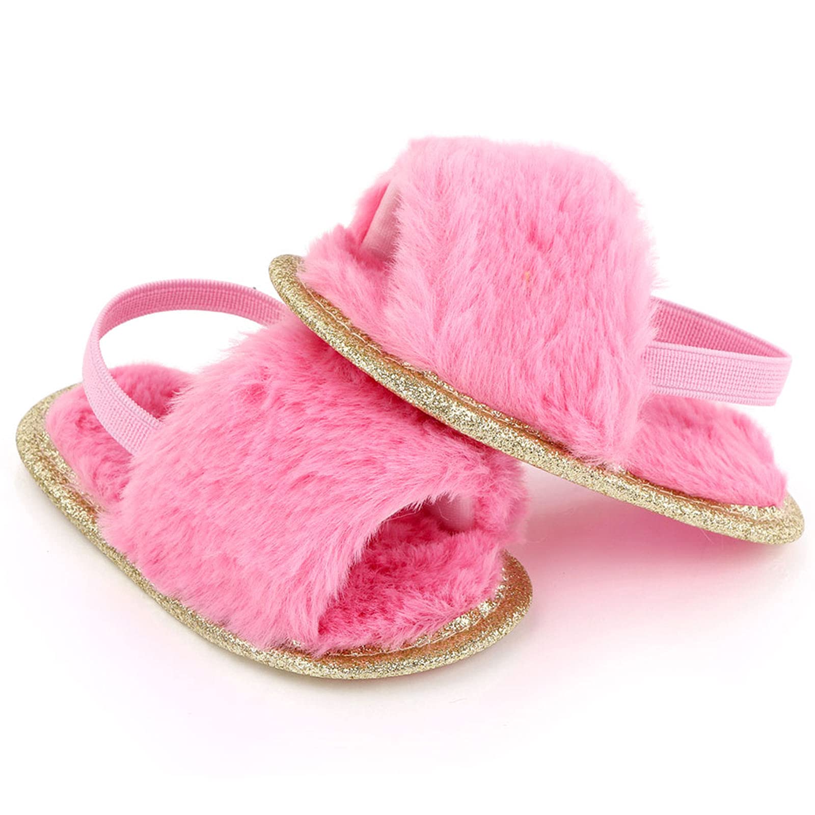 2 Pack Baby Girls Sandals - Soft Elastic Back Strap Flats with Faux Fur - First Walker House Slippers for Toddlers (Pink/White) - Perfect for Indoor Play, Nursery & Special Occasions