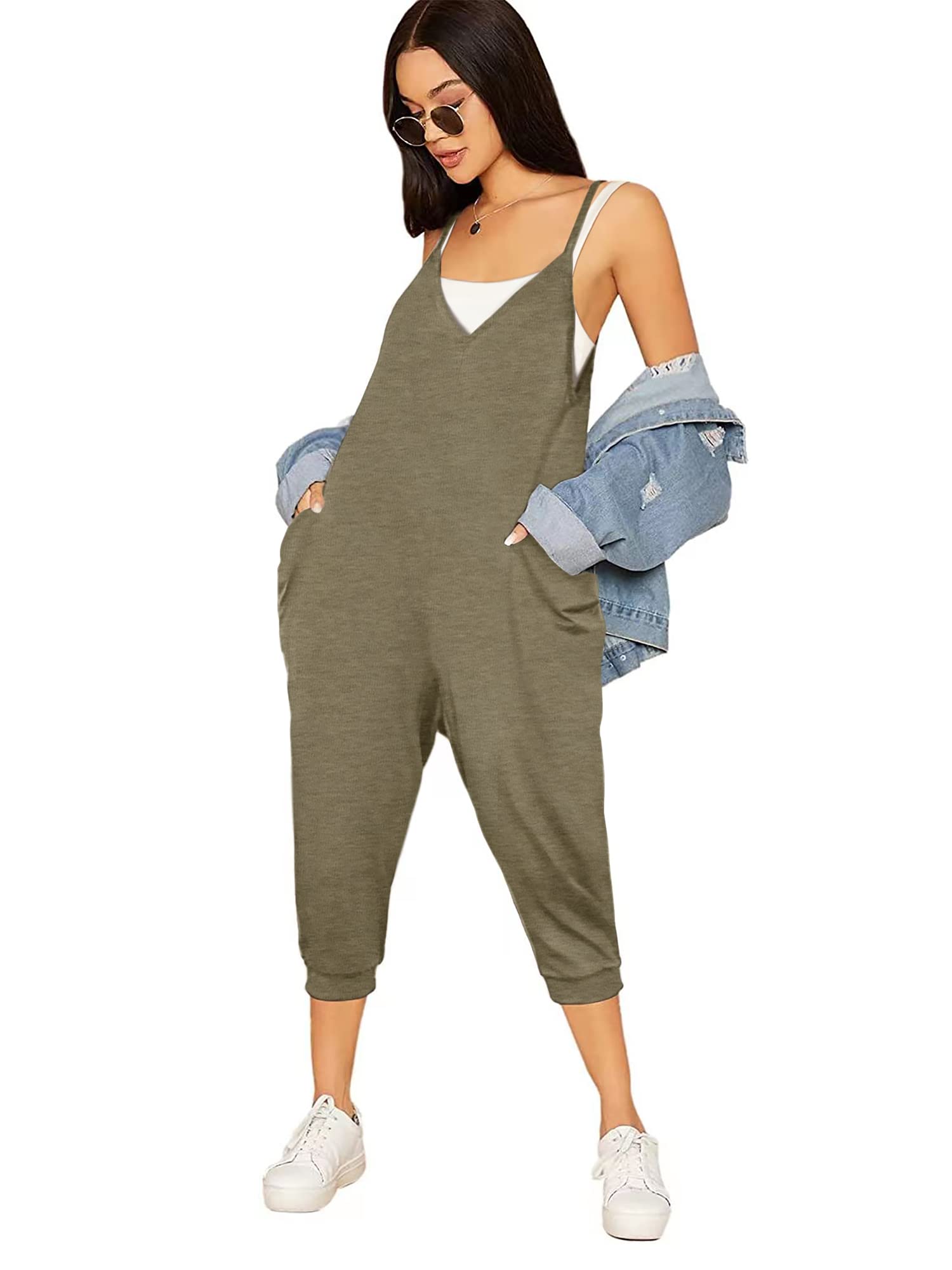 Women's Summer Spaghetti Strap Jumpsuit - Sleeveless V-Neck Casual Romper with Adjustable Thin Straps & Pockets | Perfect for Beach Vacations, Pool Parties & Summer Outings